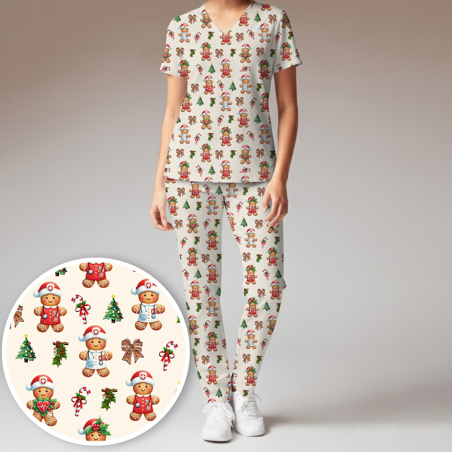 Funny Gingerbread Christmas Scrub Set - Cute Cookie with Bow Scrubs Pants and V Neck Top - Festive Holiday Gift for Women
