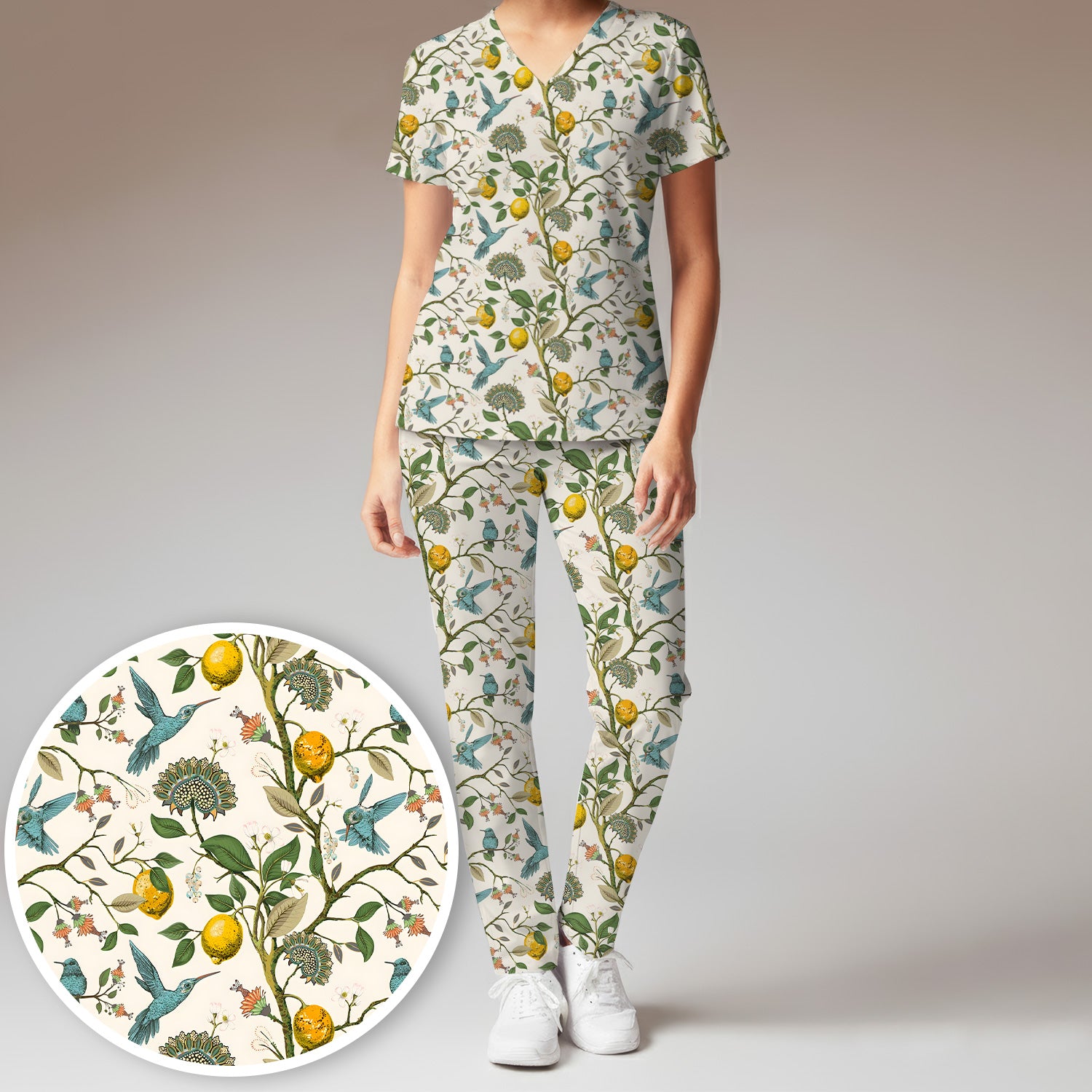 Cute Hummingbird Lemon Floral Pattern Scrub Set, Scrub Pants and V Neck Top