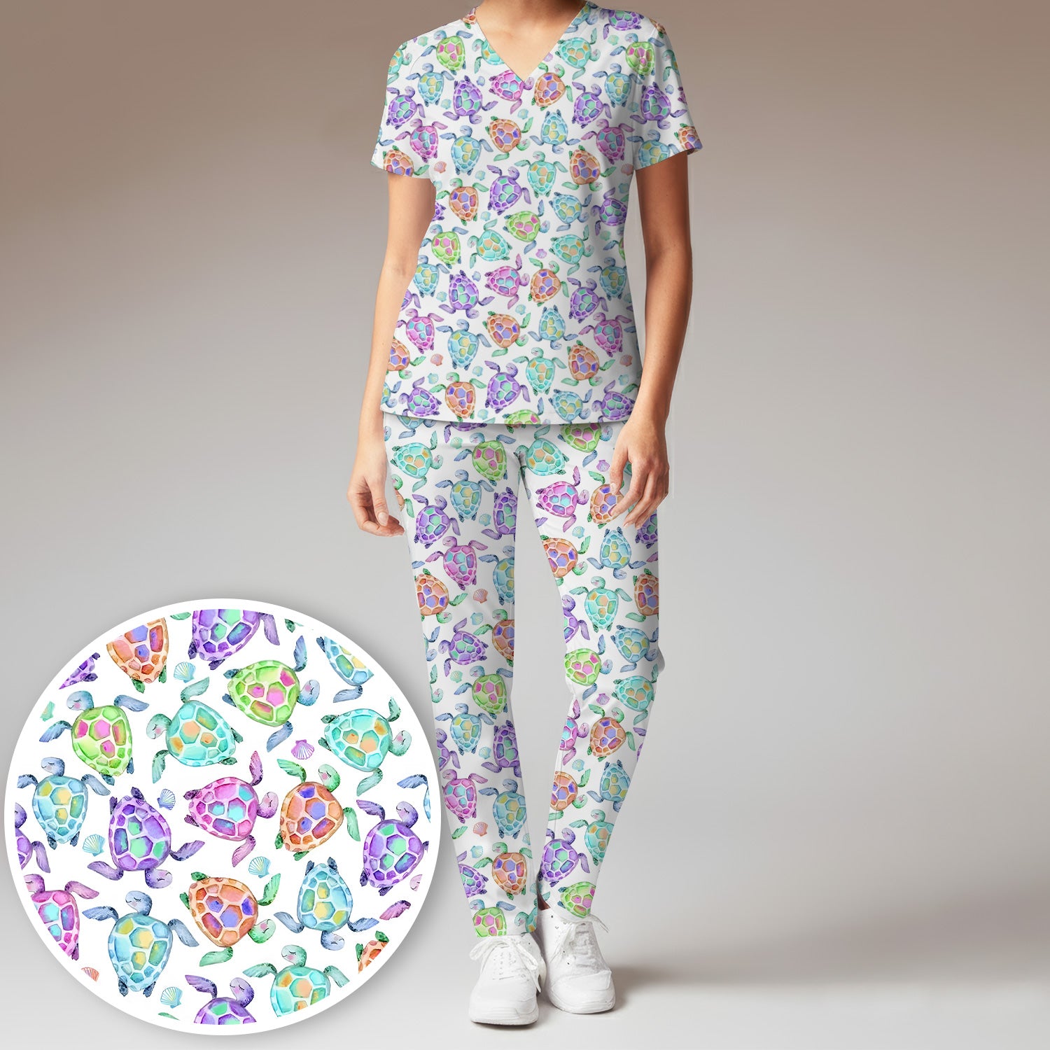 Colorful Sea Turtle Shell Pattern Scrub Set, Scrub Pants and V Neck Top