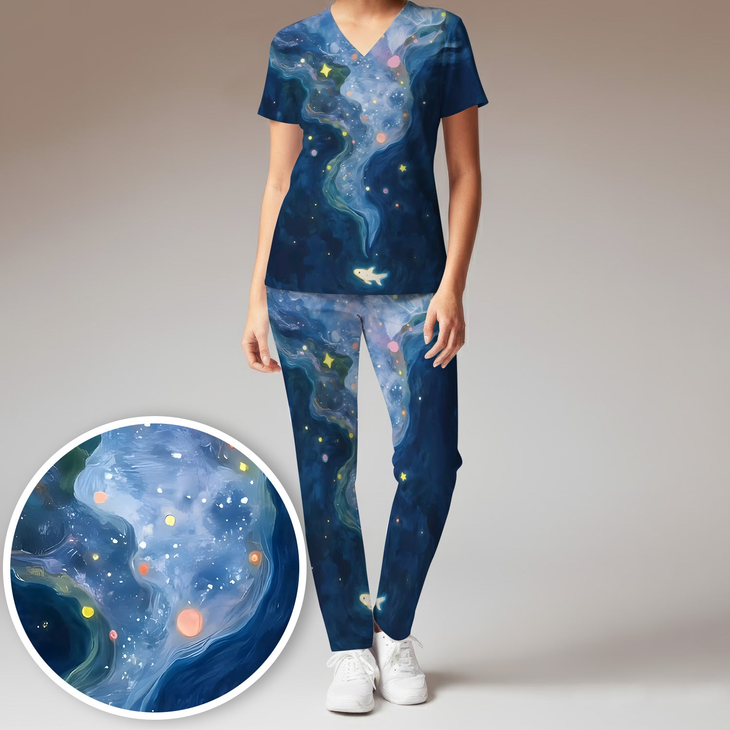 Marine Life Shark Pattern Scrub Set, Scrub Pants and V Neck Top