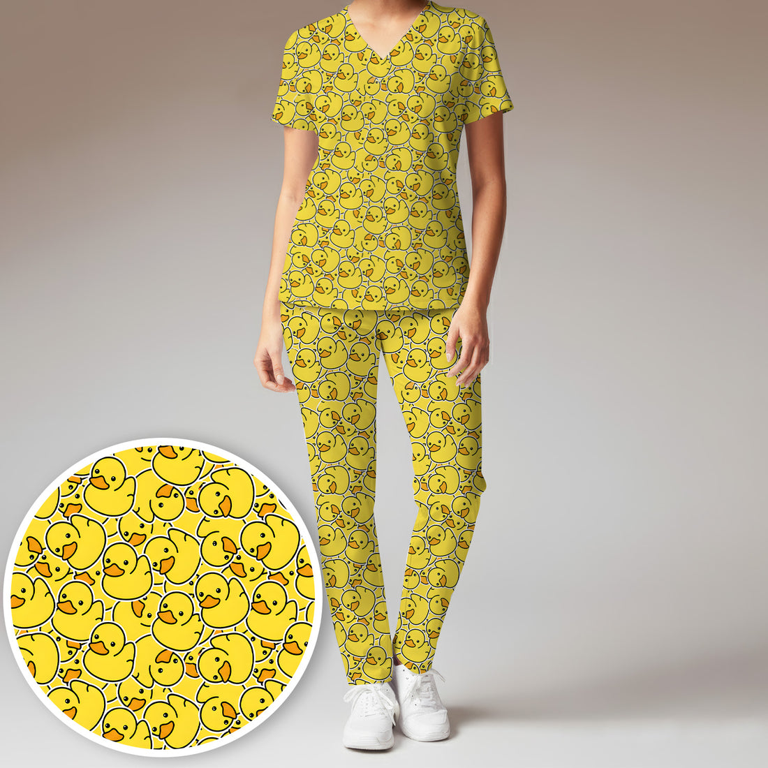 Yellow Rubber Duck Pattern Scrub Set, Scrub Pants and V Neck Top