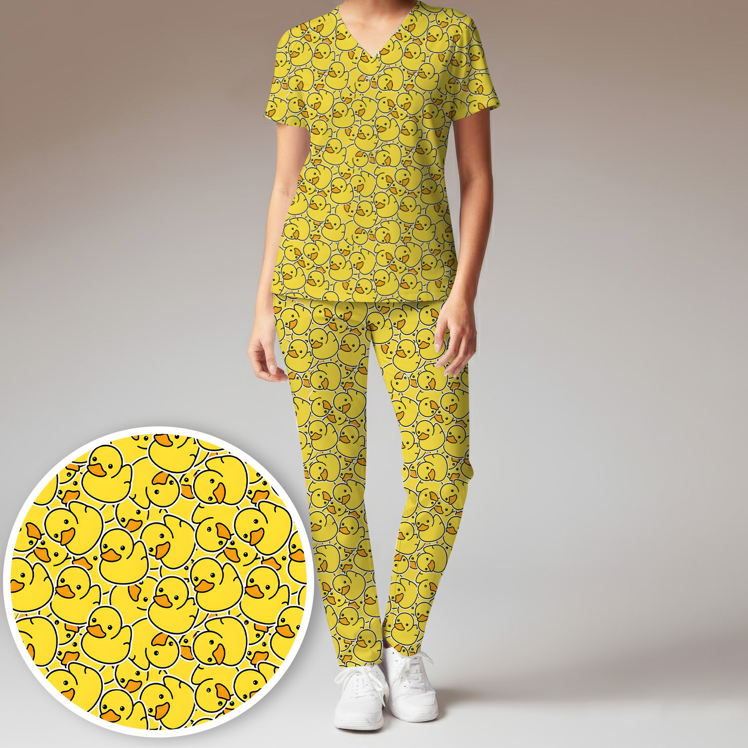 Yellow Rubber Duck Pattern Scrub Set, Scrub Pants and V Neck Top