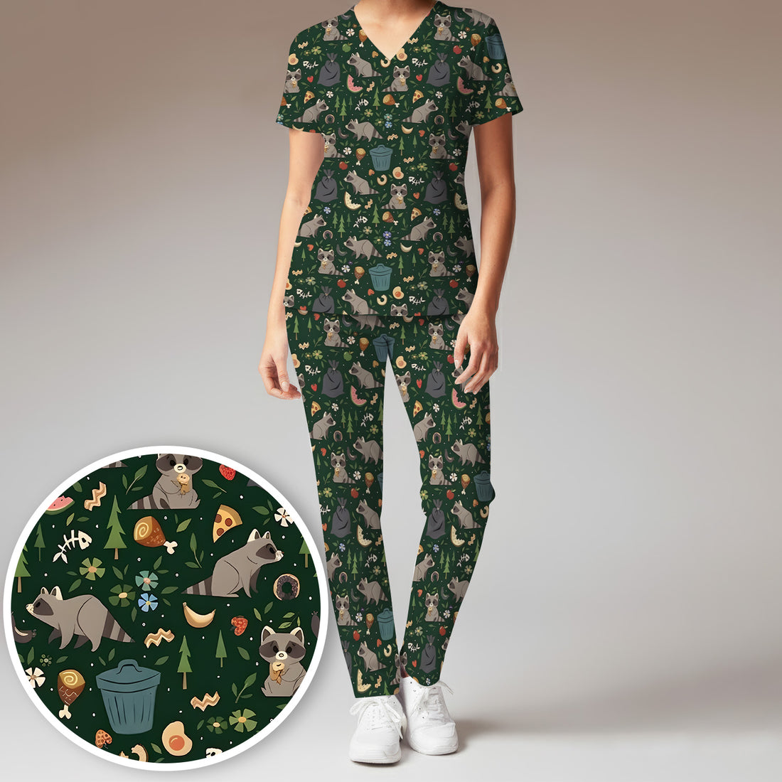 Cute Raccoon Forest Food Pattern Scrub Set, Scrub Pants and V Neck Top