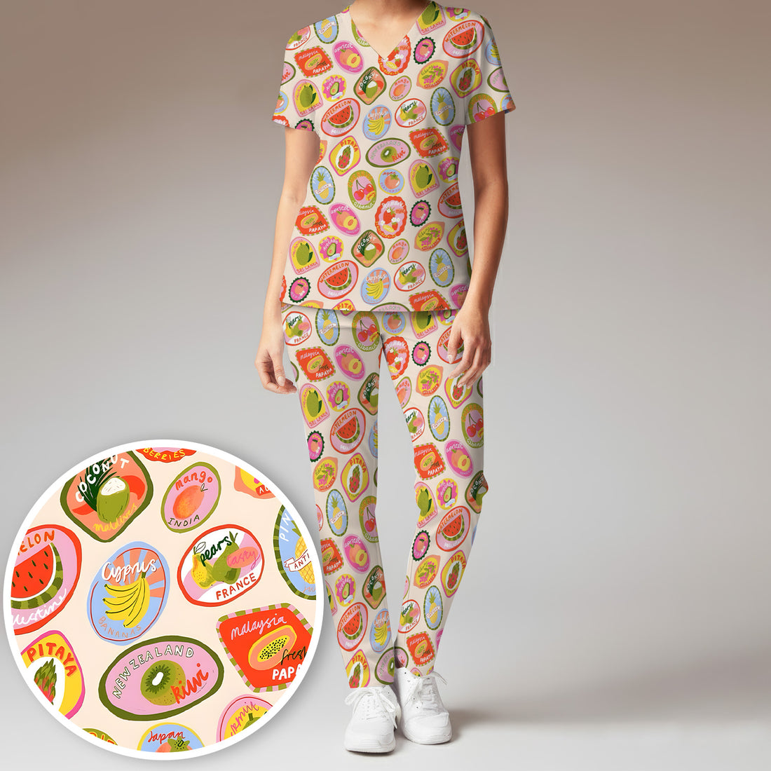 Summer Colorful Fruit Sticker Pattern Scrub Set, Scrub Pants and V Neck Top