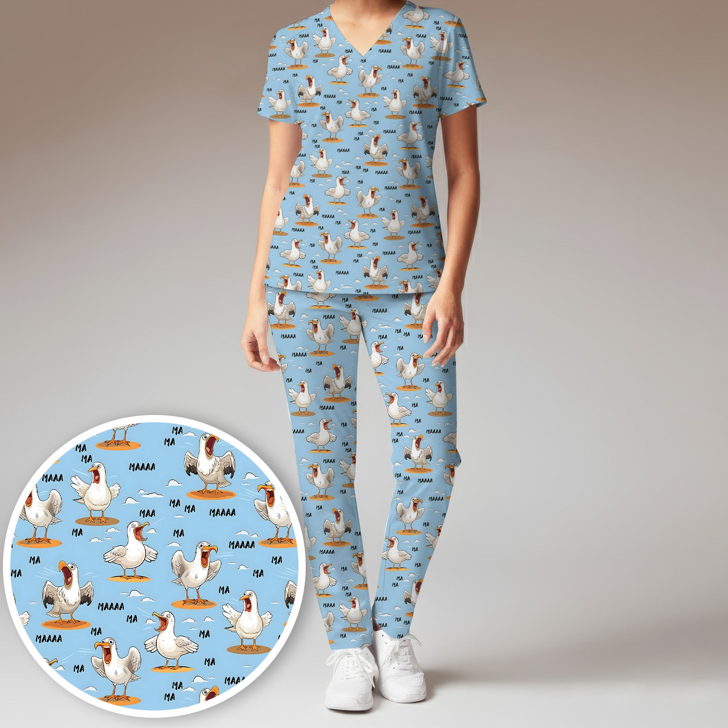 Funny Screaming Seagull Sky Pattern Scrub Set, Scrub Pants and V Neck Top