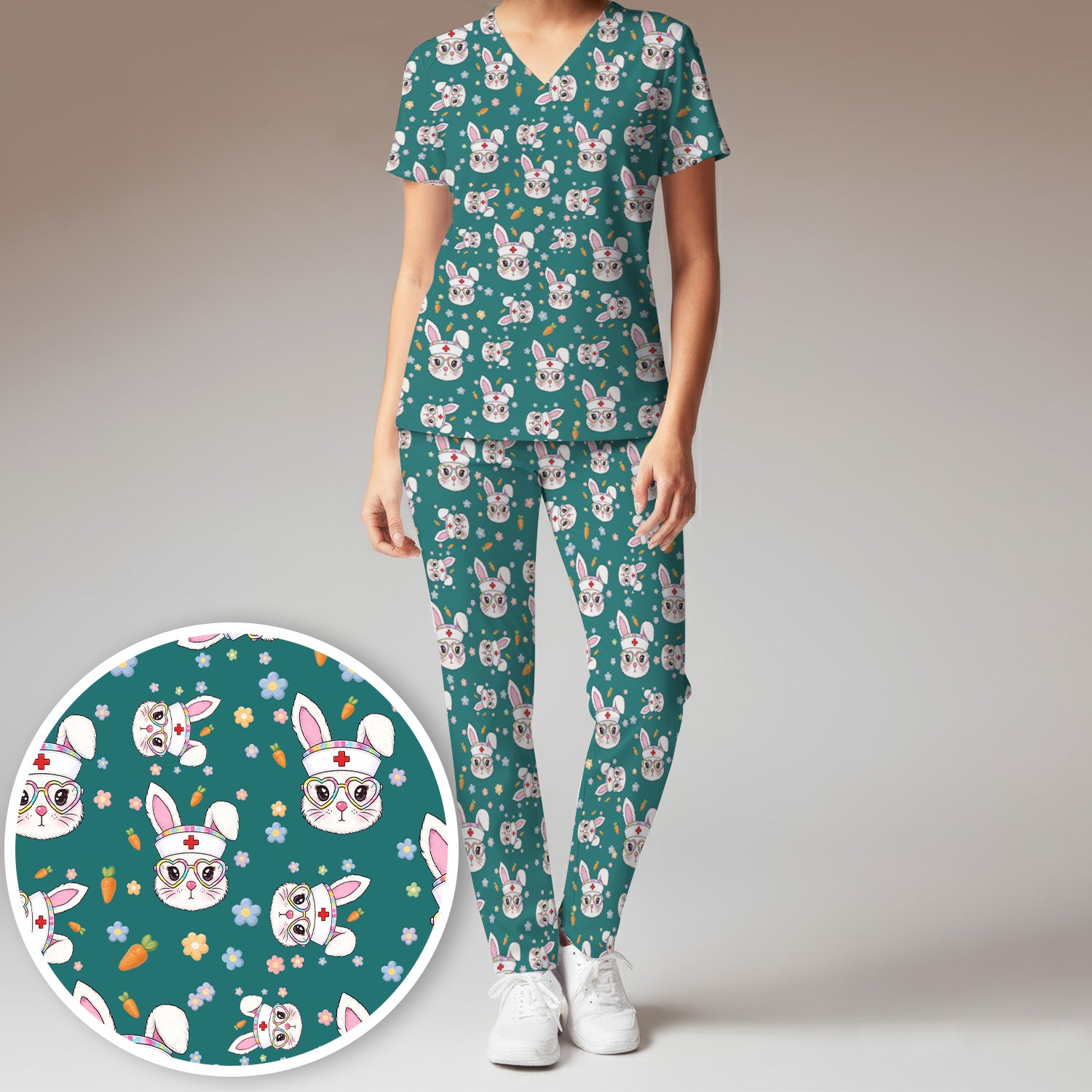 Cute Easter Bunny Nurse Pattern Scrub Set, Scrub Pants and V Neck Top