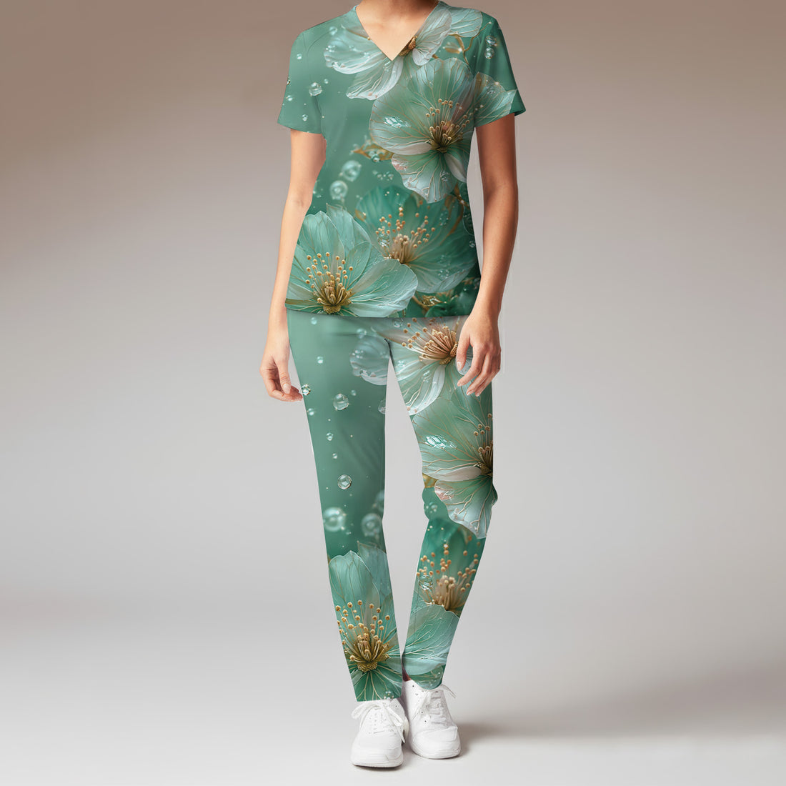 Elegant Mint Blossom Dewdrop Pattern Scrub Set, Scrub Pants and V Neck Top