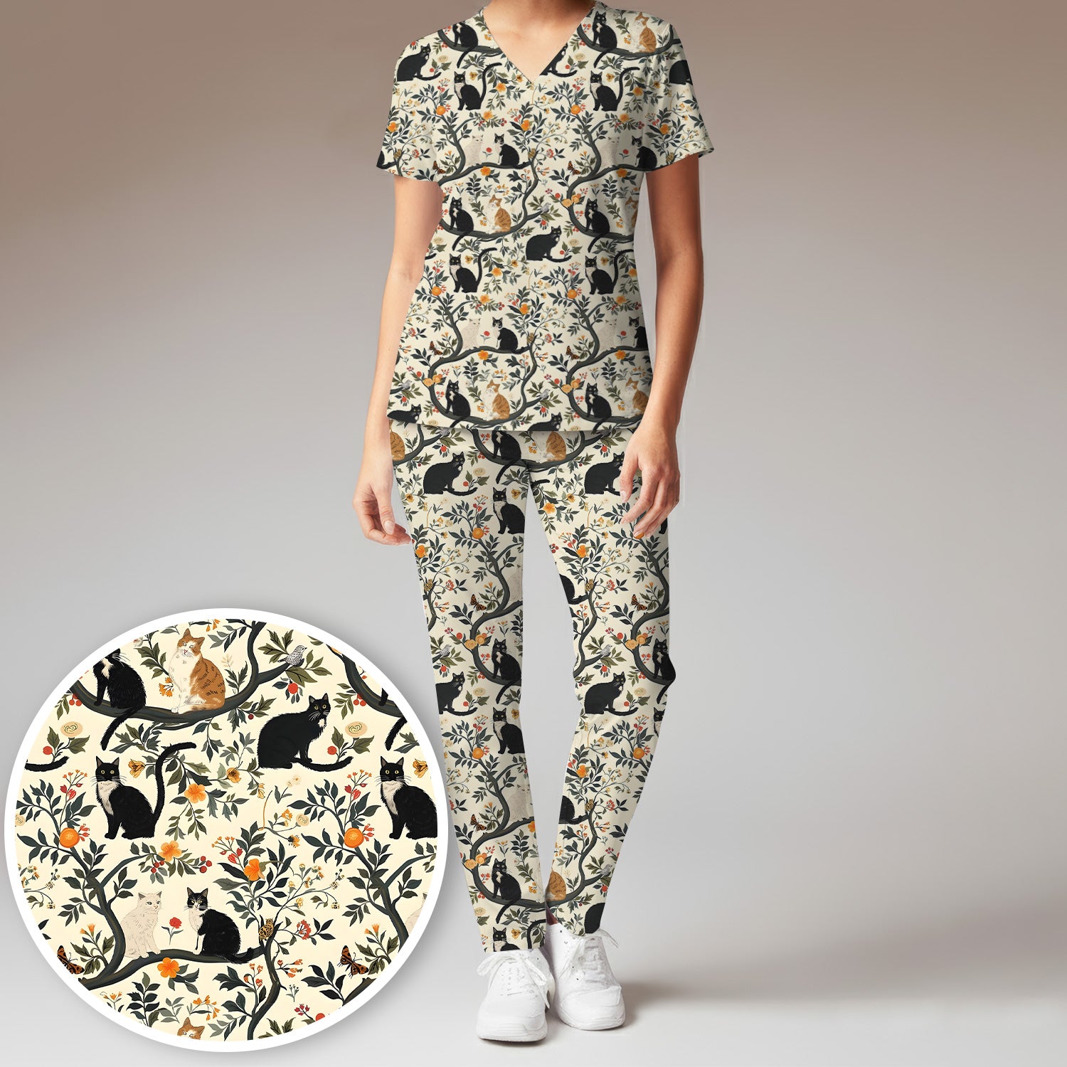 Vintage Black Cat Floral Pattern Scrub Set, Scrub Pants and V Neck Top