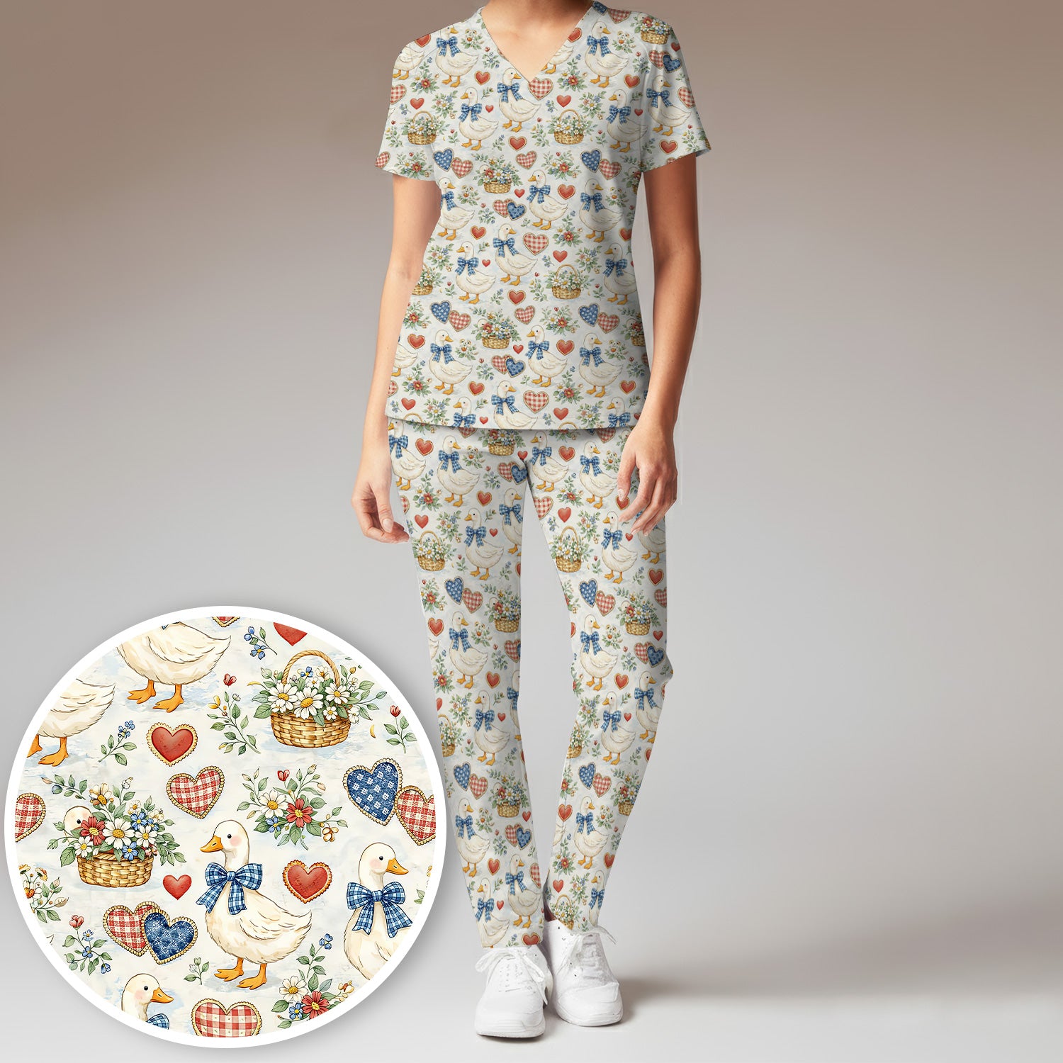 Cute Duck Heart Floral Nurse Pattern Scrub Set, Scrub Pants and V Neck Top