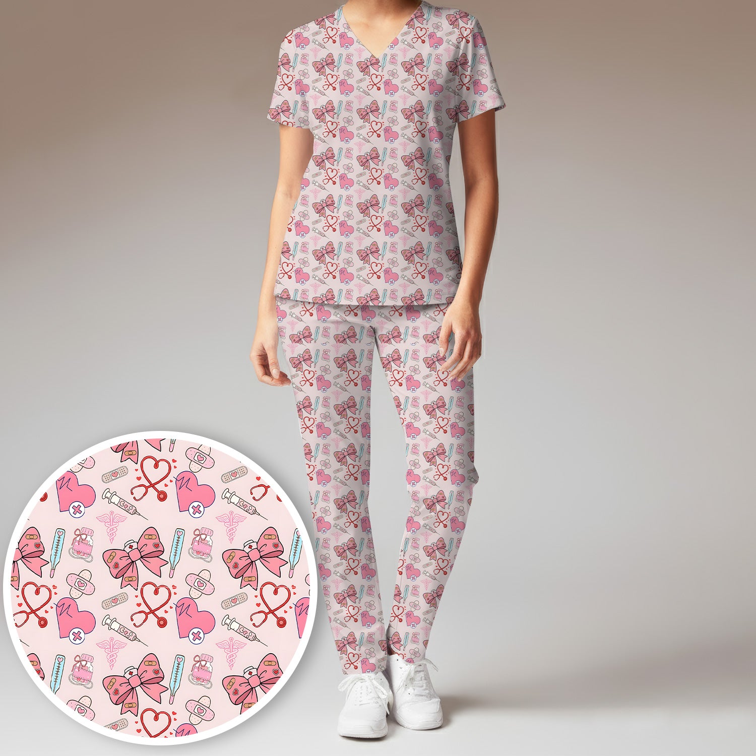 Pink Nurse Bow Heart Print Scrub Set, Scrub Pants and V Neck Top