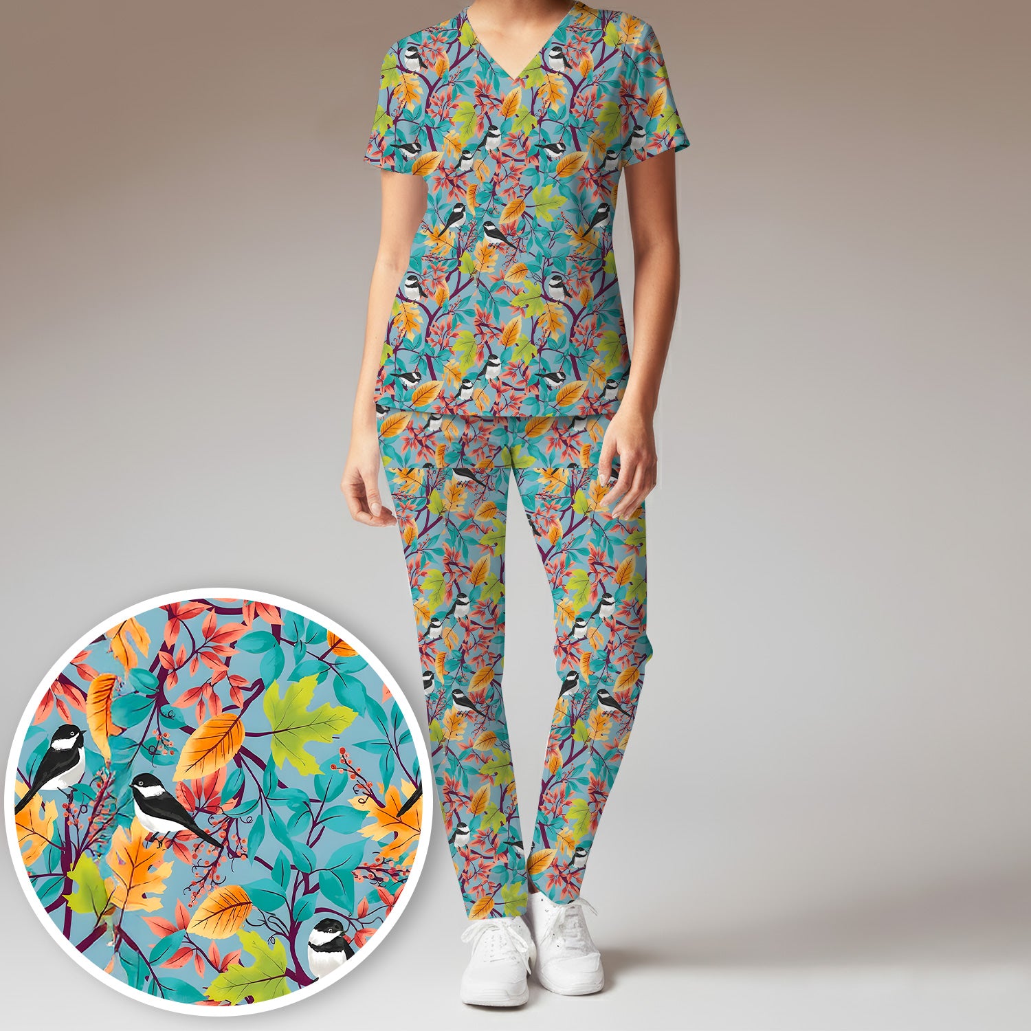 Autumn Leaf Chickadee Bird Pattern Scrub Set, Breathable Med Uniform