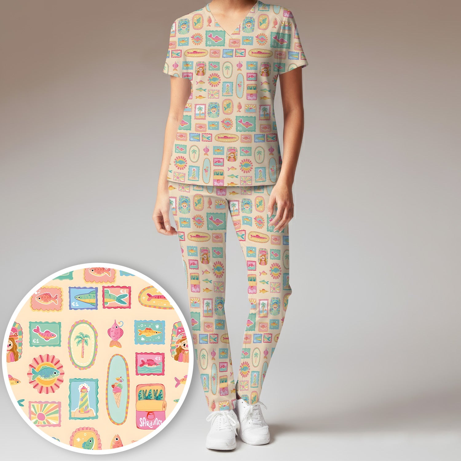 Coastal Vintage Postage Stamp Pattern Scrub Set, Scrub Pants and V Neck Top