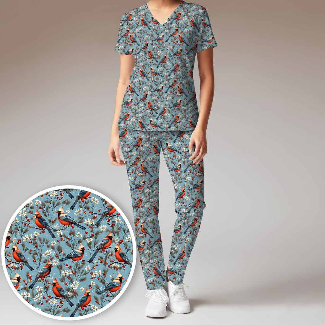 Cute Cardinal Berry Blossom Pattern Scrub Set, Scrub Pants and V Neck Top
