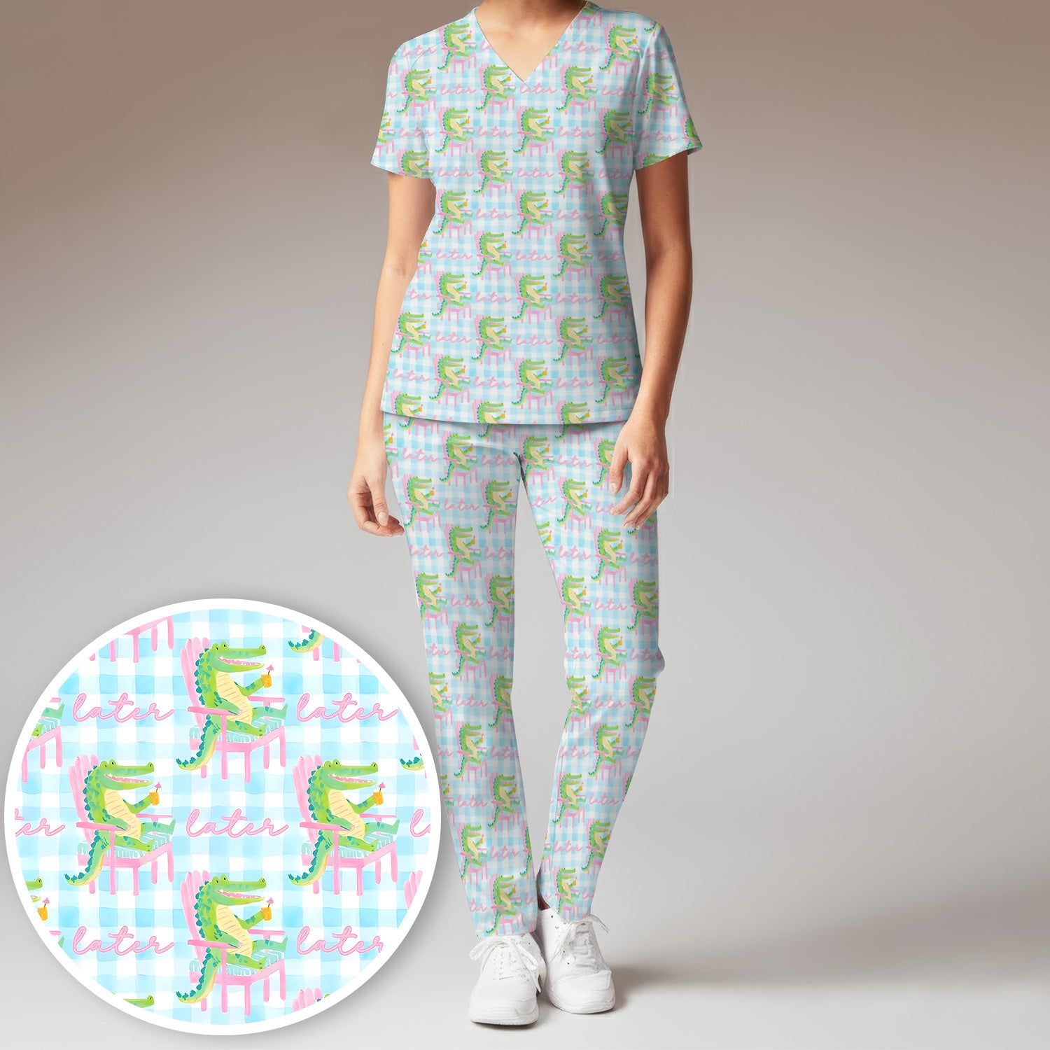 Funny Lazy Crocodile Later Pattern Scrub Set, Scrub Pants and V Neck Top