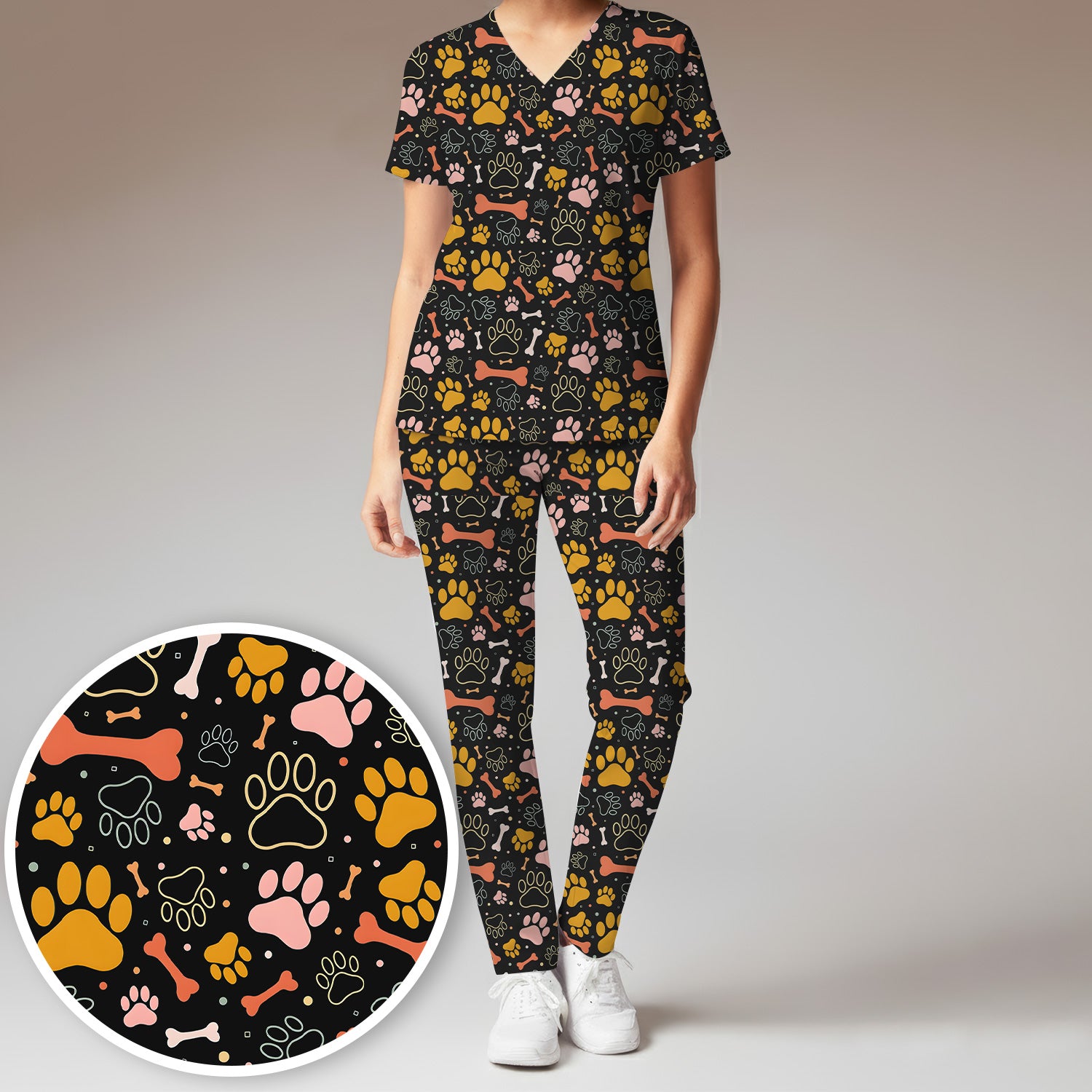 Cute Paw Print Dog Pattern Scrub Set, Breathable Med Uniform
