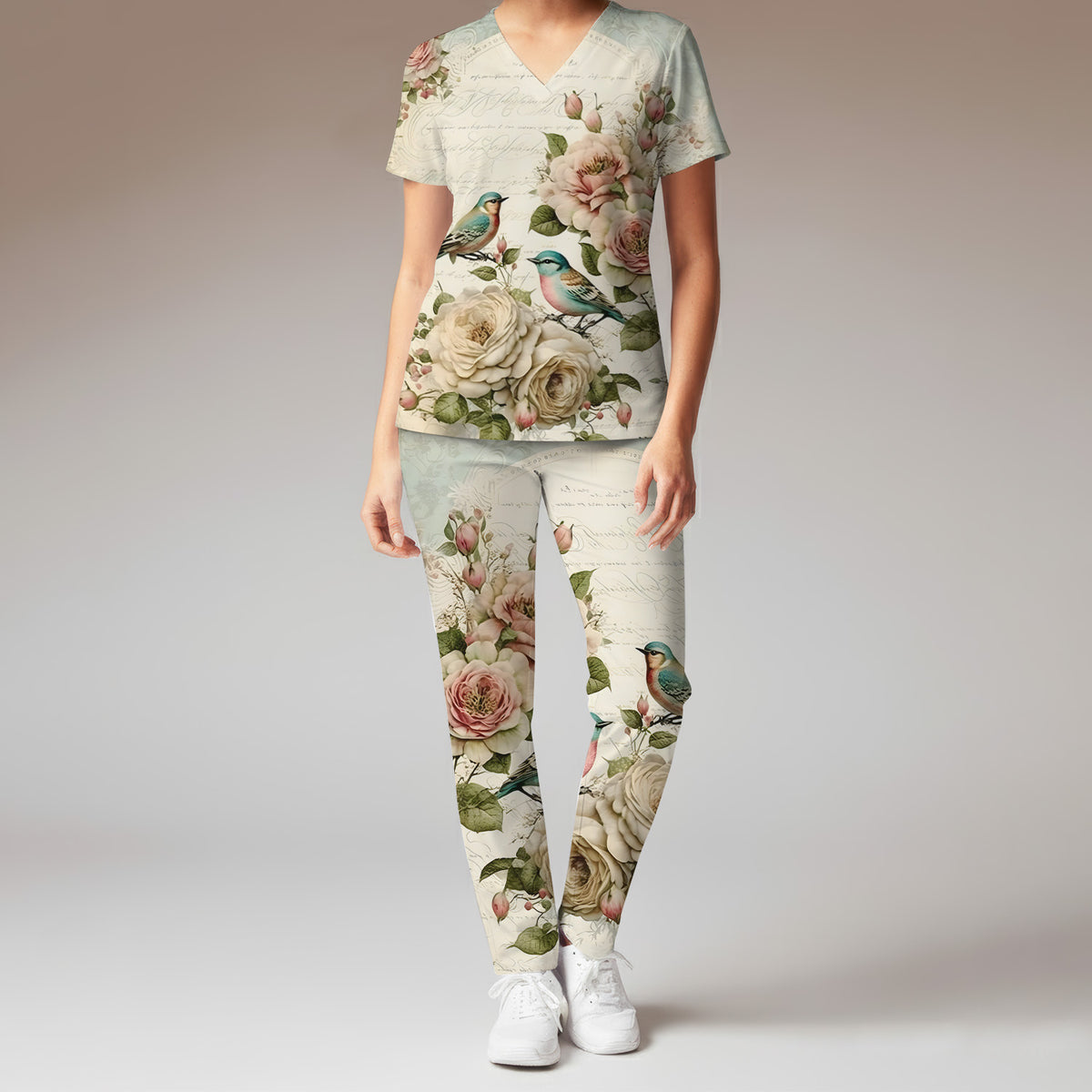 Vintage Birds Rose Pattern Scrub Set, Scrub Pants and V Neck Top