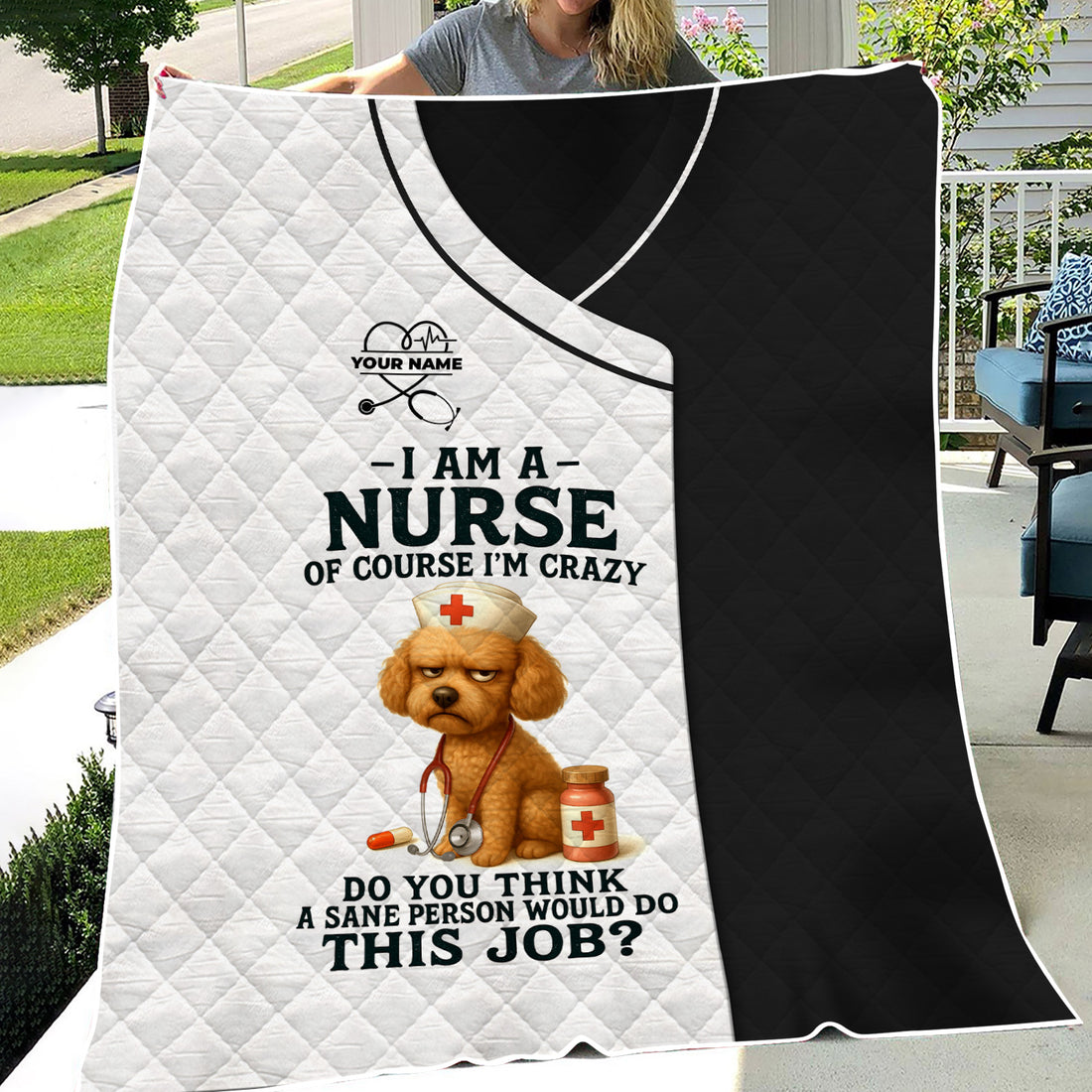 Custom Name Crazy Nurse Blanket - Funny Poodle with Stethoscope for RN LPN CNA - Thoughtful Gift for Healthcare Workers Appreciation