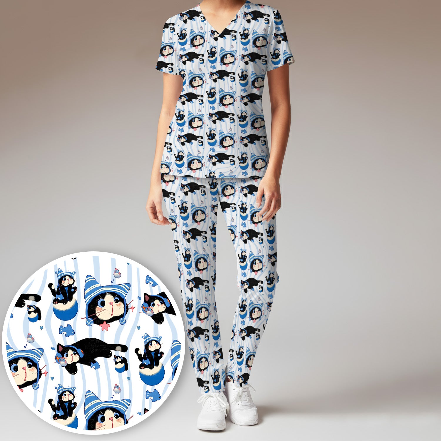 Charming Kitten Fish Pattern Scrub Set, Scrub Pants and V Neck Top