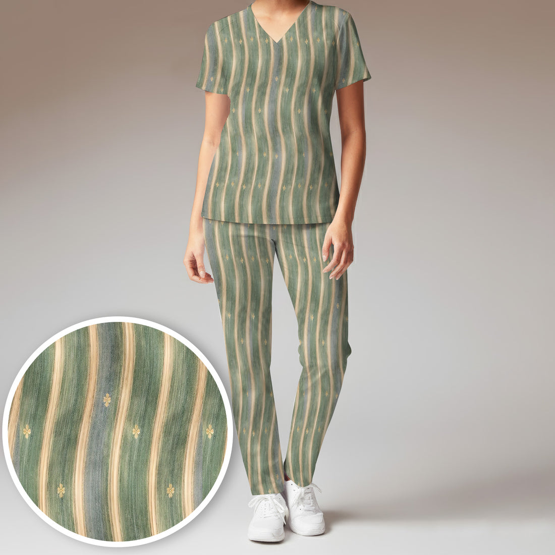 Charming Nurse Green Vertical Stripe Small Floral Pattern Scrub Set, Scrub Pants and V Neck Top