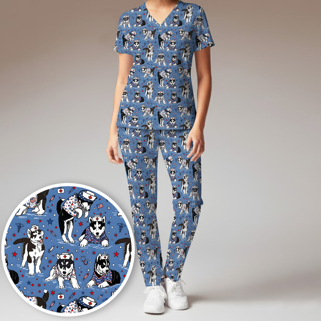 Cute Nurse Husky Dog Medical Pattern Scrub Set, Scrub Pants and V Neck Top