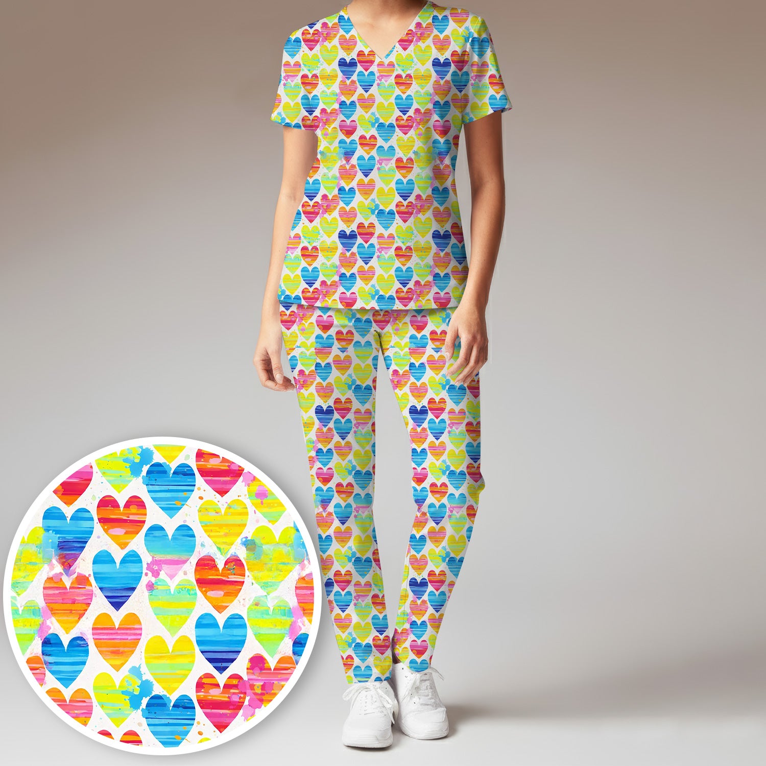 Bright Multicolor Rainbow Heart All Over Print Pattern Set, Women's Scrub Set