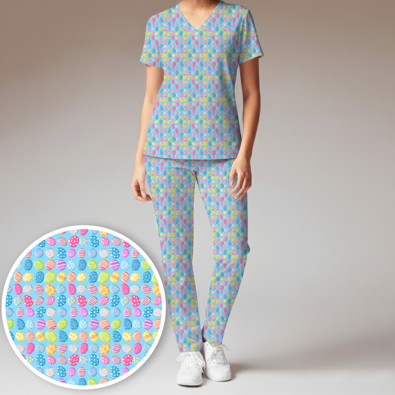 Colorful Easter Eggs Pattern Scrub Set, Scrub Pants and V Neck Top