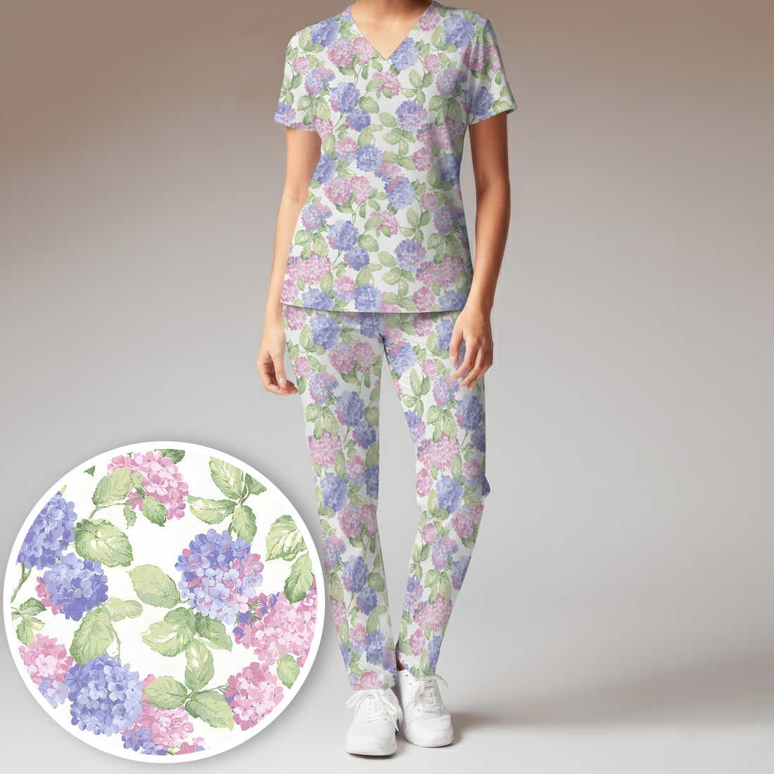 Soft Pastel Watercolor Hydrangea Floral Pattern Scrub Set, Scrub Pants and V Neck Top