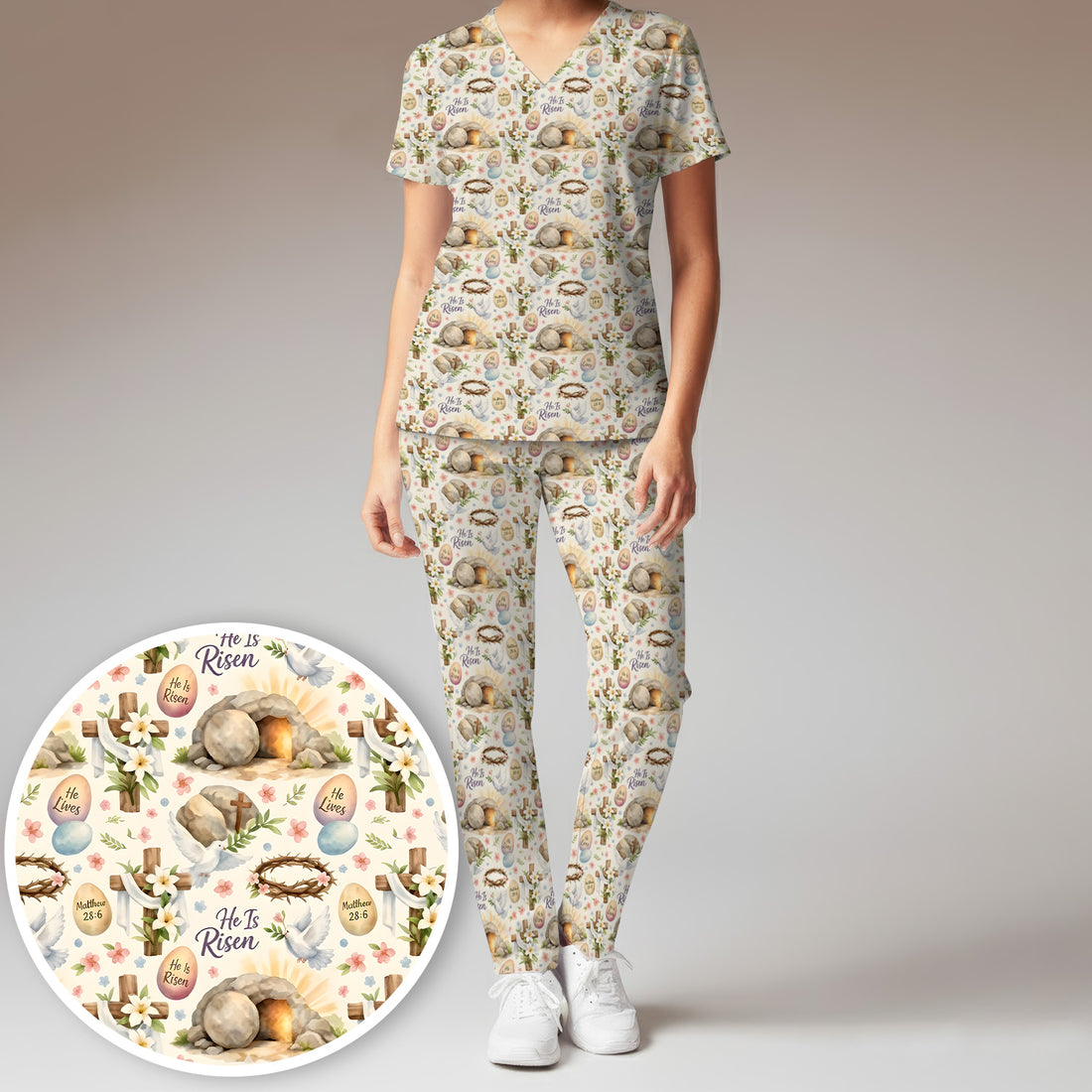 He Is Risen Cross Tomb Lily Pattern Scrub Set, Scrub Pants and V Neck Top