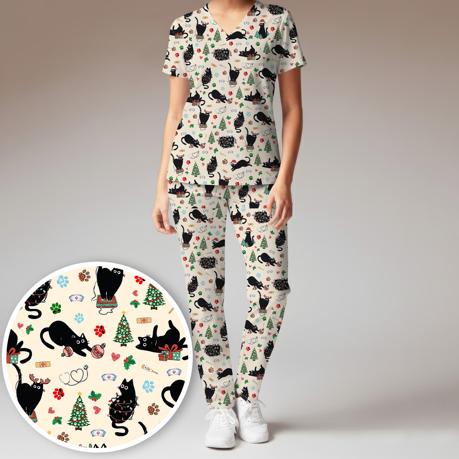 Black Cat Christmas Nurse Scrub Set, Festive Kitty Medical Uniform for Women