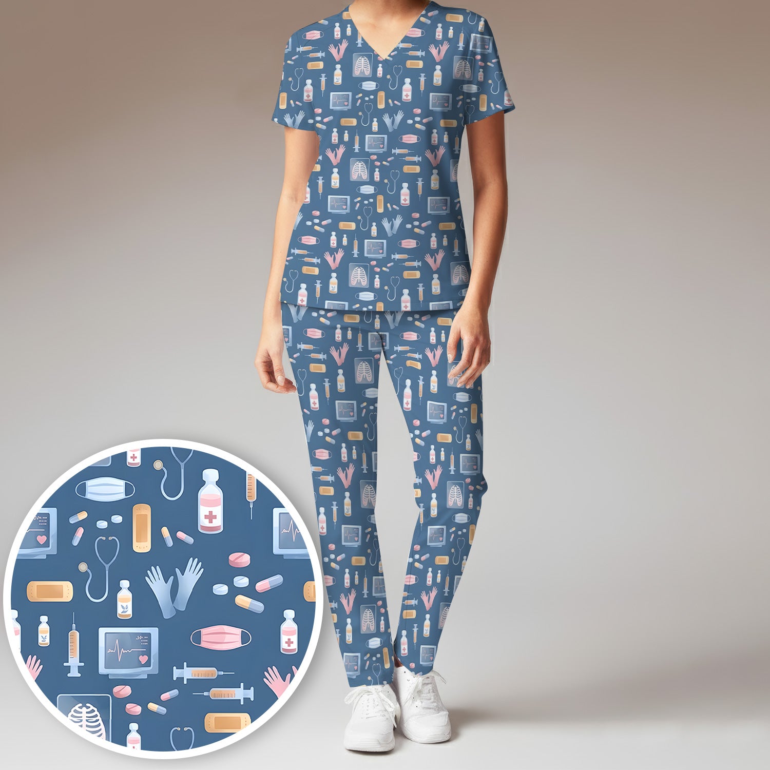 Medical Tools Gloves Syringe Pill Monitor Pattern Scrub Set, Scrub Pants and V Neck Top