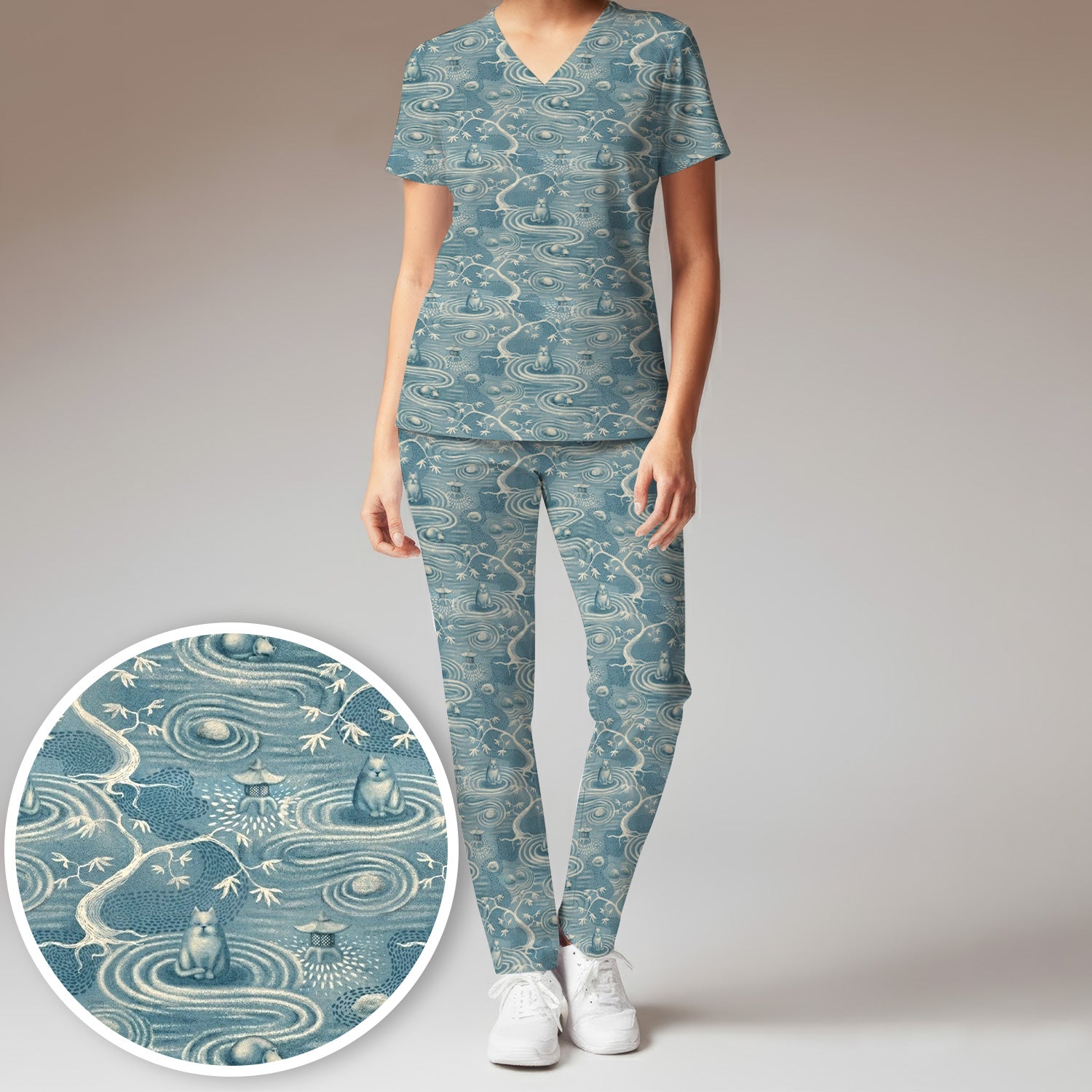 Zen Cat Water Garden Pattern Scrub Set, Scrub Pants and V Neck Top