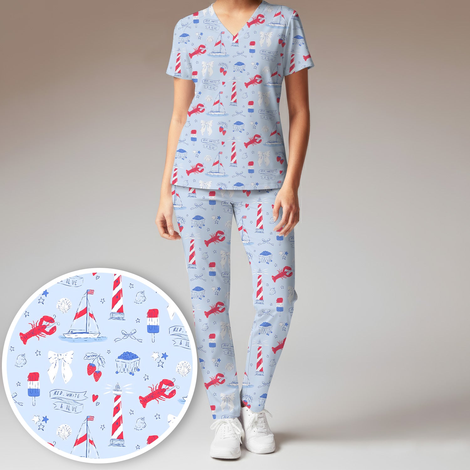 Lobster Lighthouse Sailboat Pattern Scrub Set, Scrub Pants and V Neck Top