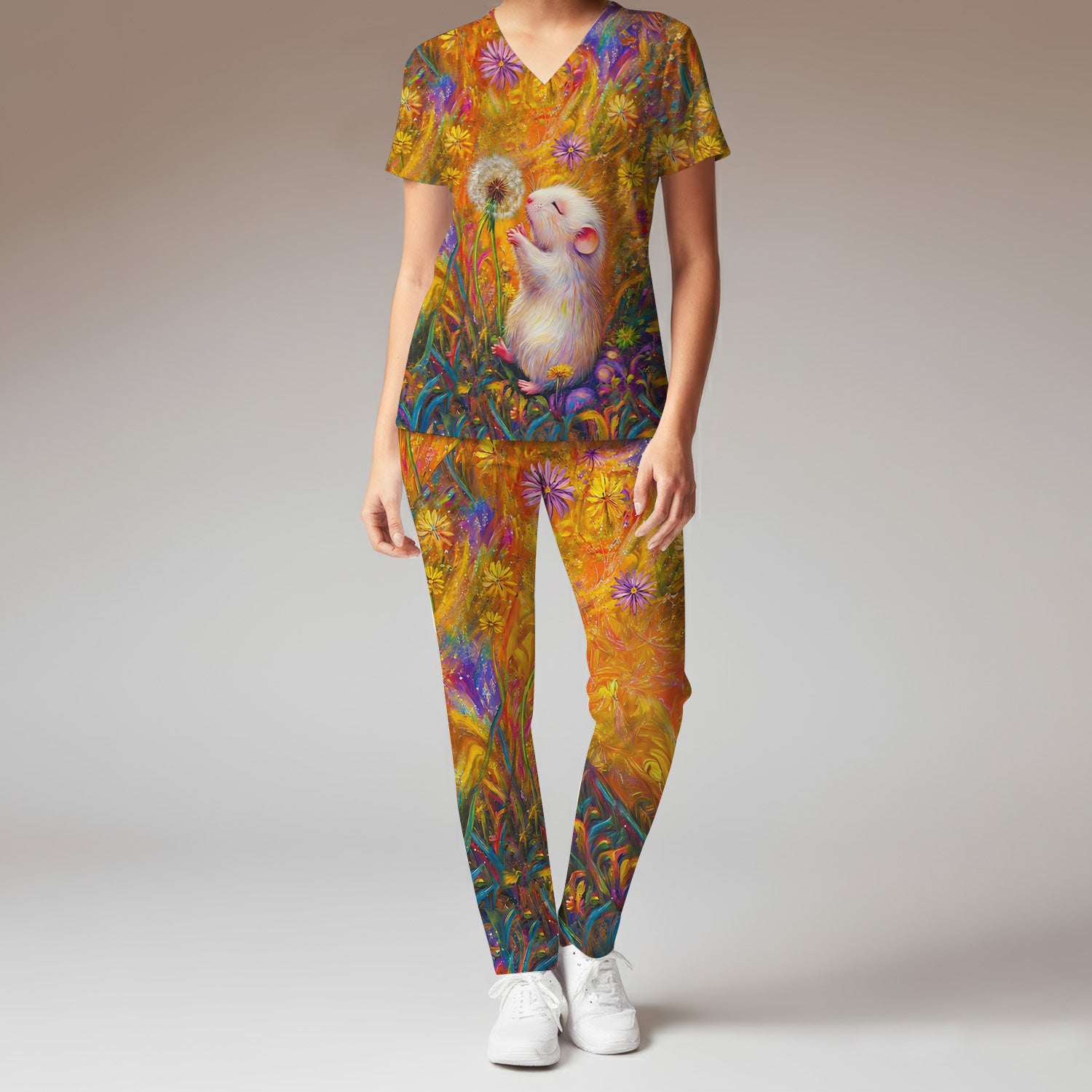 Cute Whimsical Mouse Dandelion Pattern Scrub Set, Scrub Pants and V Neck Top