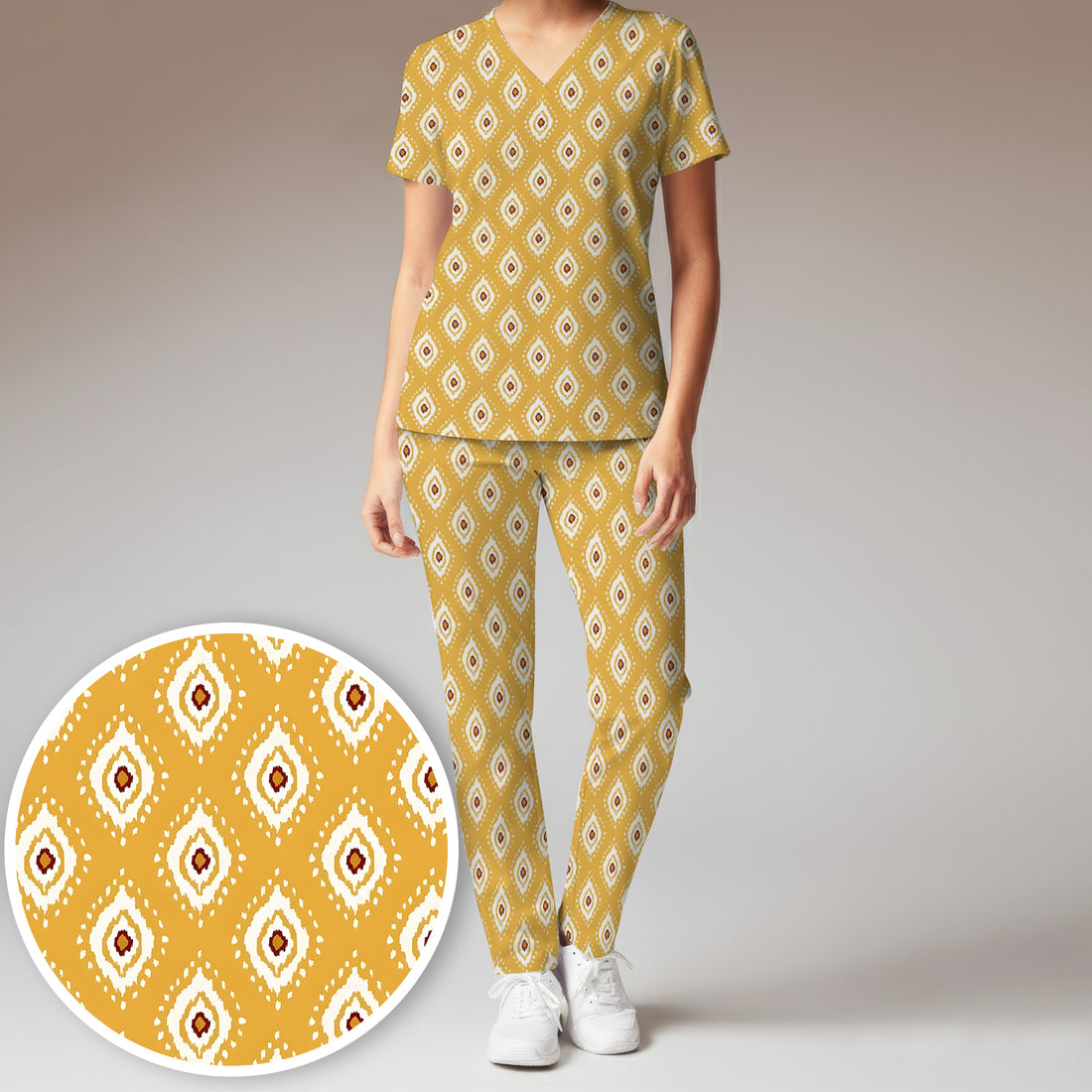 Cute Mustard Geometric Ikat Nurse Pattern Scrub Set, Scrub Pants and V Neck Top