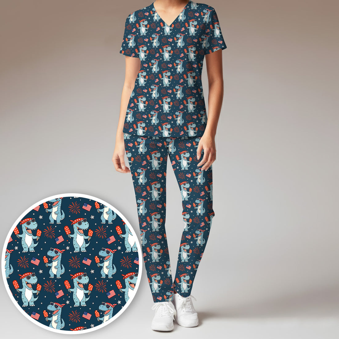 Dinosaur With Flag American Pattern Scrub Set, Scrub Pants and V Neck Top