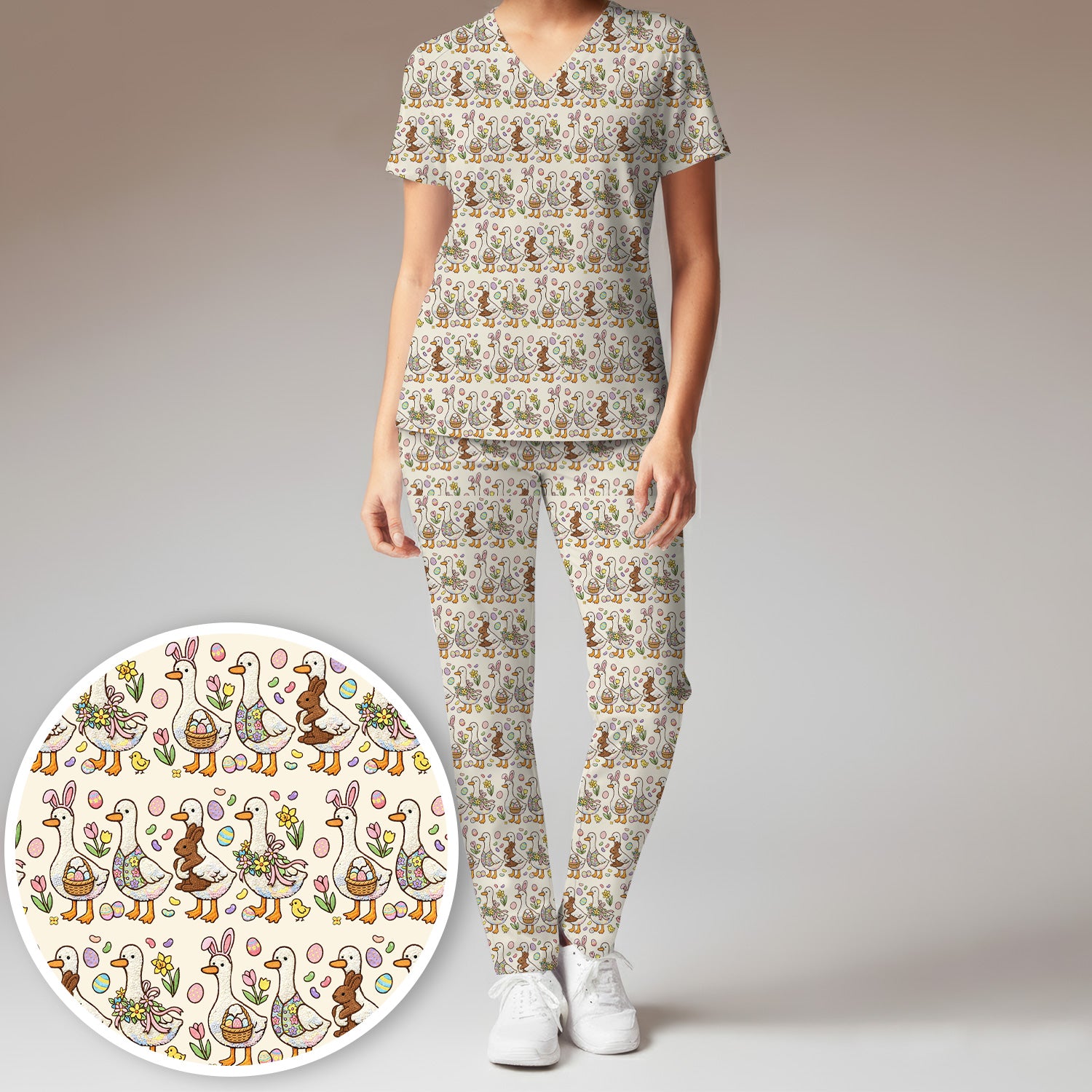 Easter Theme Duck and Bunny Egg Floral Print Scrub Set, Breathable Med Uniform