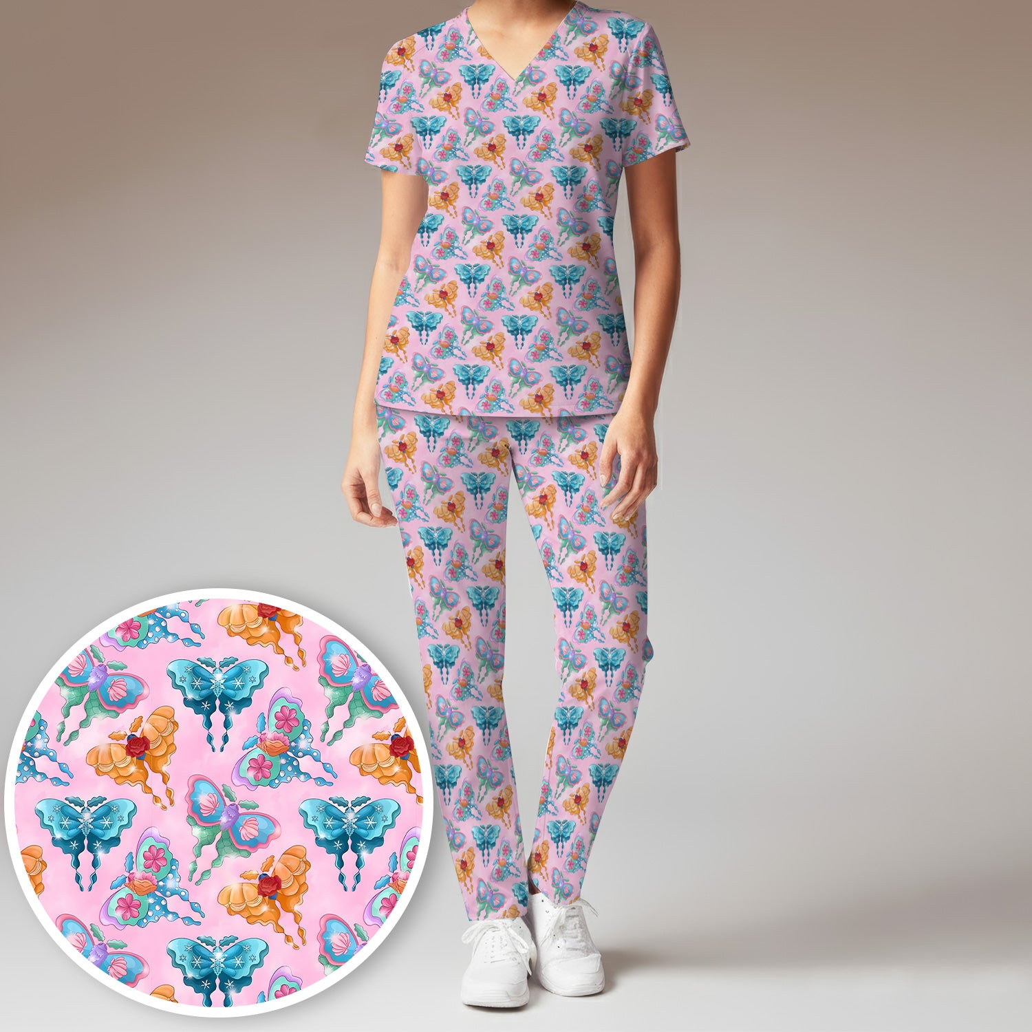 Colorful Butterfly With Floral Blossom Pattern Scrub Set, Scrub Pants and V Neck Top