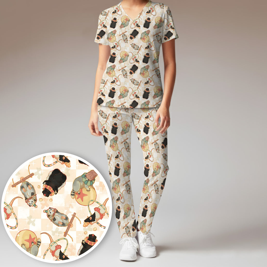 Cute Circus Animal Mouse Acrobat Pattern Scrub Set, Scrub Pants and V Neck Top
