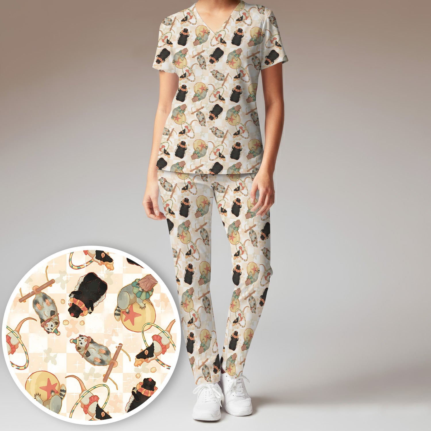 Cute Circus Animal Mouse Acrobat Pattern Scrub Set, Scrub Pants and V Neck Top
