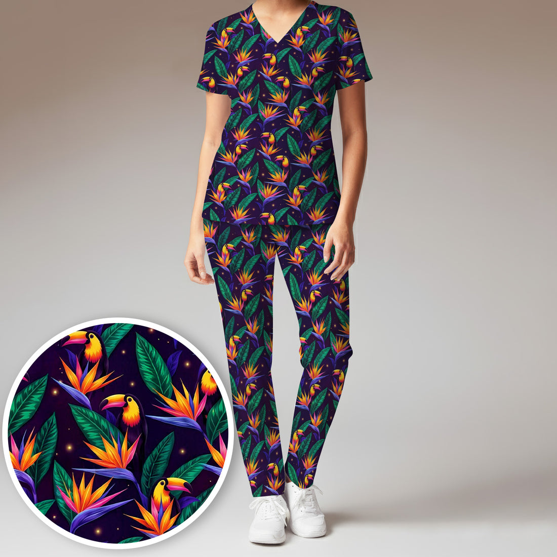 Tropical Toucan Bird Paradise Leaves Pattern Scrub Set, Scrub Pants and V Neck Top