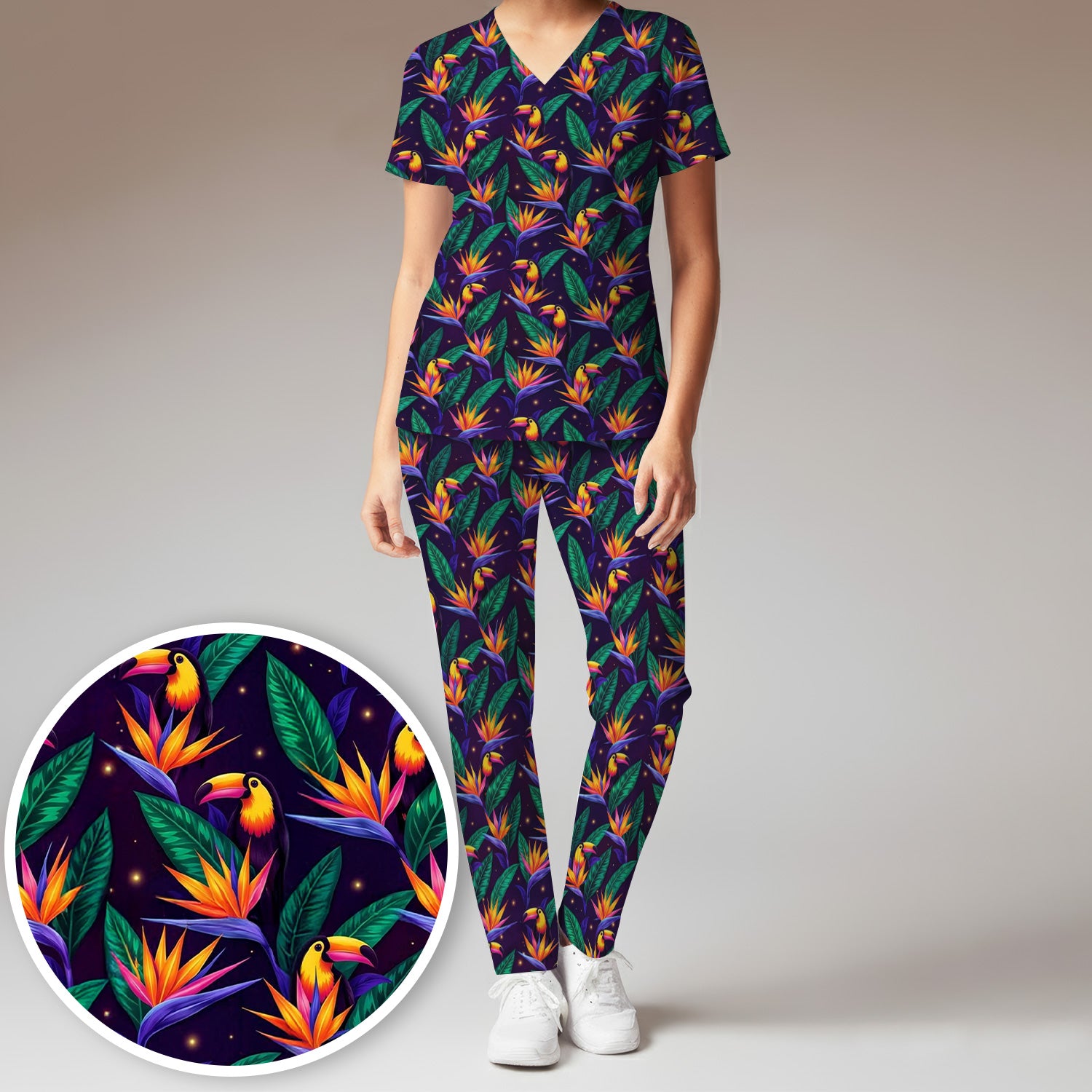Tropical Toucan Bird Paradise Leaves Pattern Scrub Set, Scrub Pants and V Neck Top