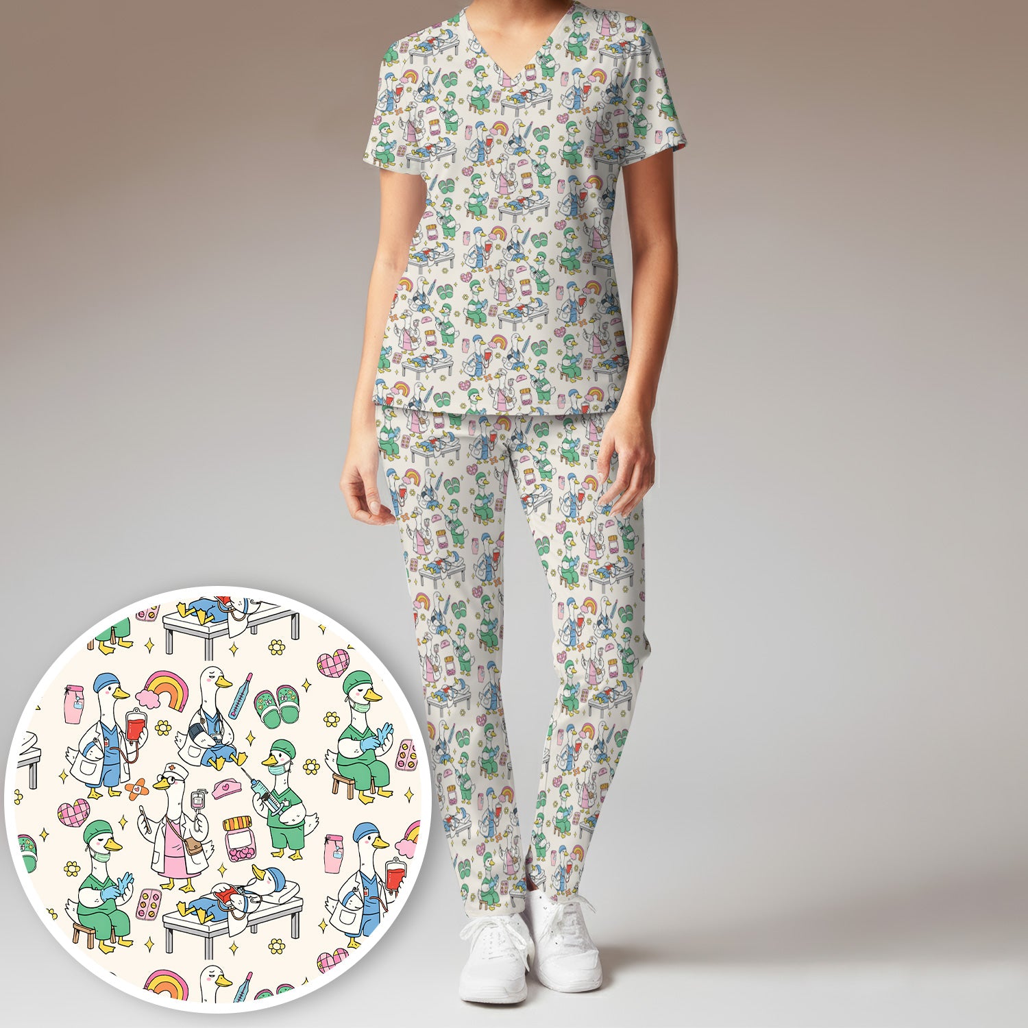 Funny Nurse Duck Medical Doodle Pattern Scrub Set, Scrub Pants and V Neck Top
