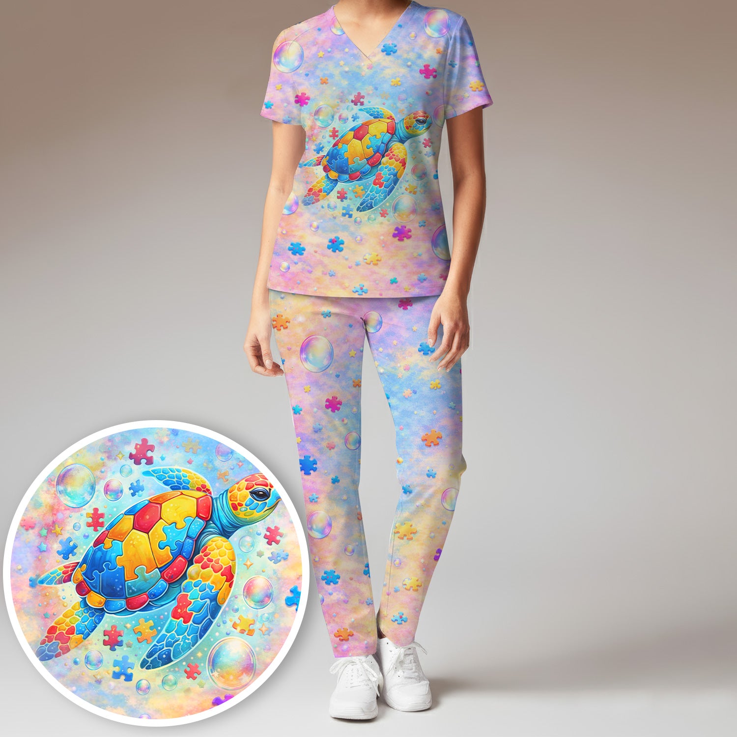 Autism Puzzle Sea Turtle Pastel Rainbow Print Scrub Set, Scrub Pants and V Neck Top