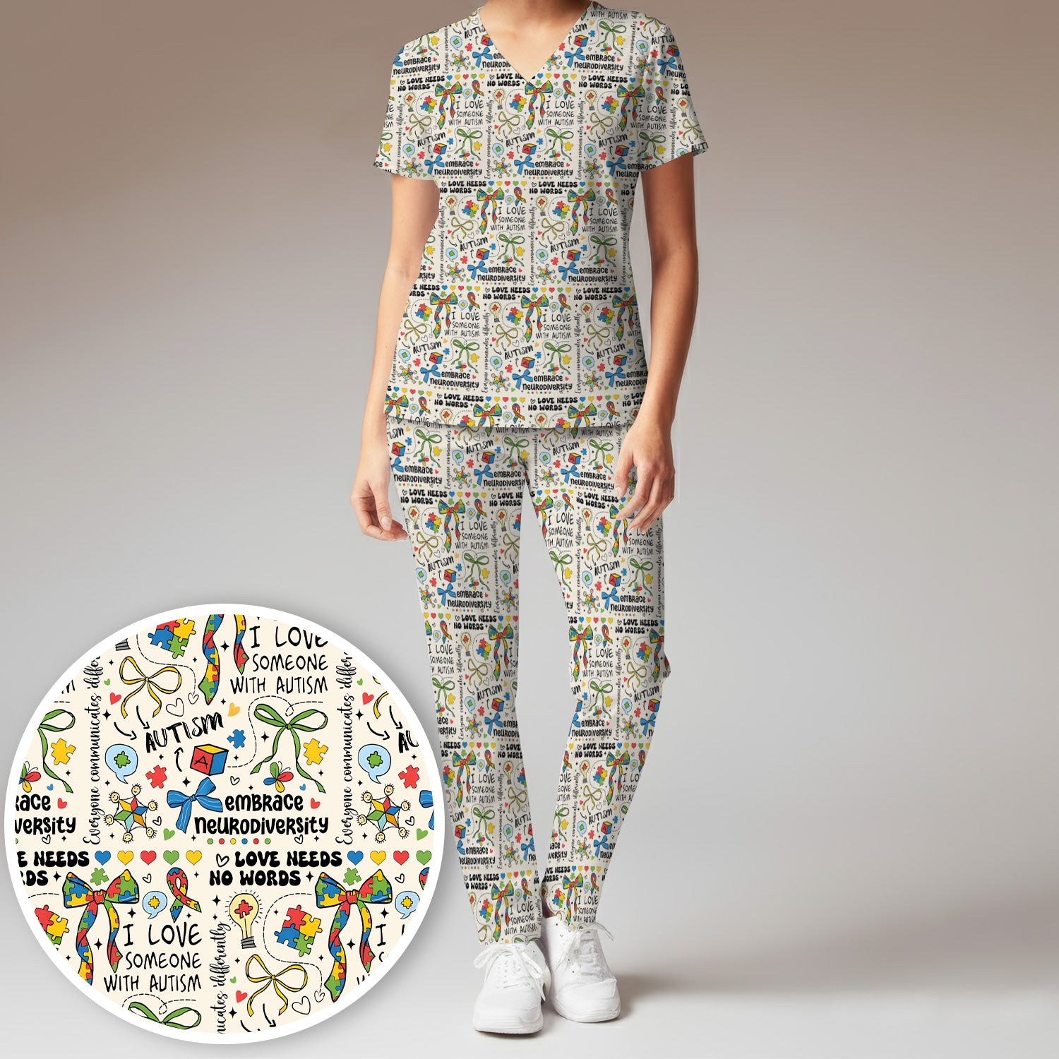Autism Awareness Puzzle Ribbon Pattern Scrub Set, Scrub Pants and V Neck Top