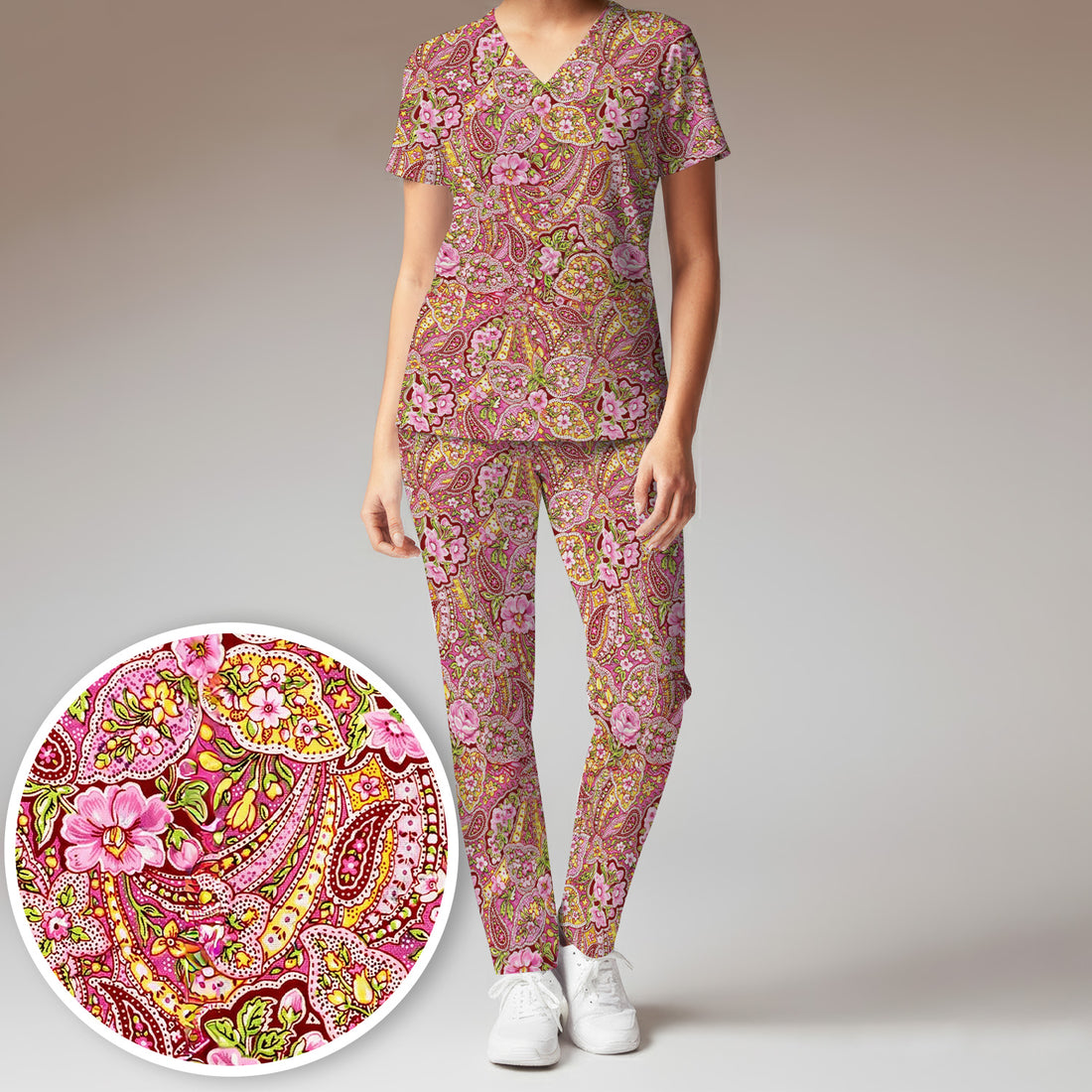 Pink Floral Paisley Blossom Print  Scrub Set, Scrub Pants and V Neck Top