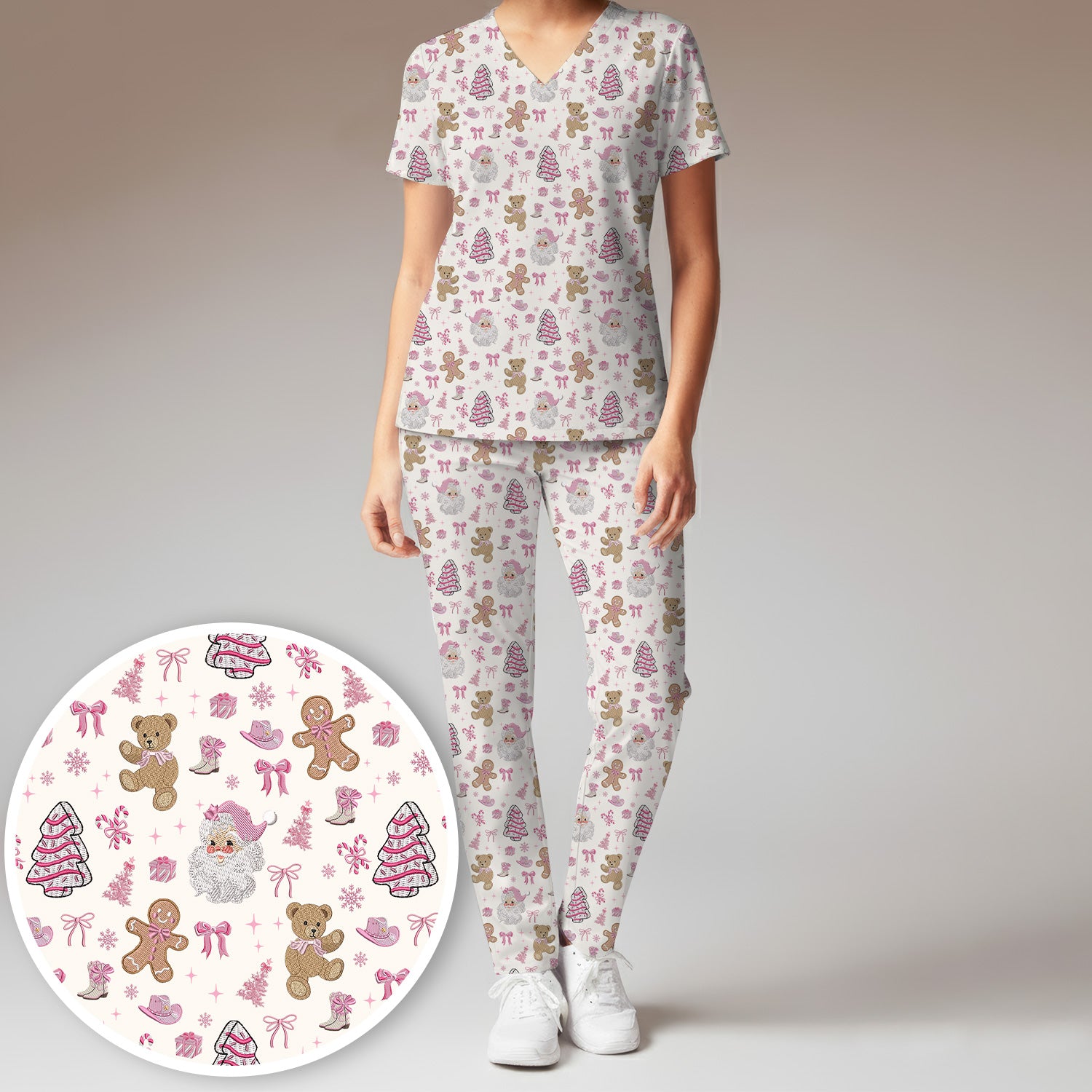 Pink Christmas Santa Gingerbread Scrub Set, Cute Holiday Medical Pattern Shirt, Breathable Fabrics Nursing Uniform