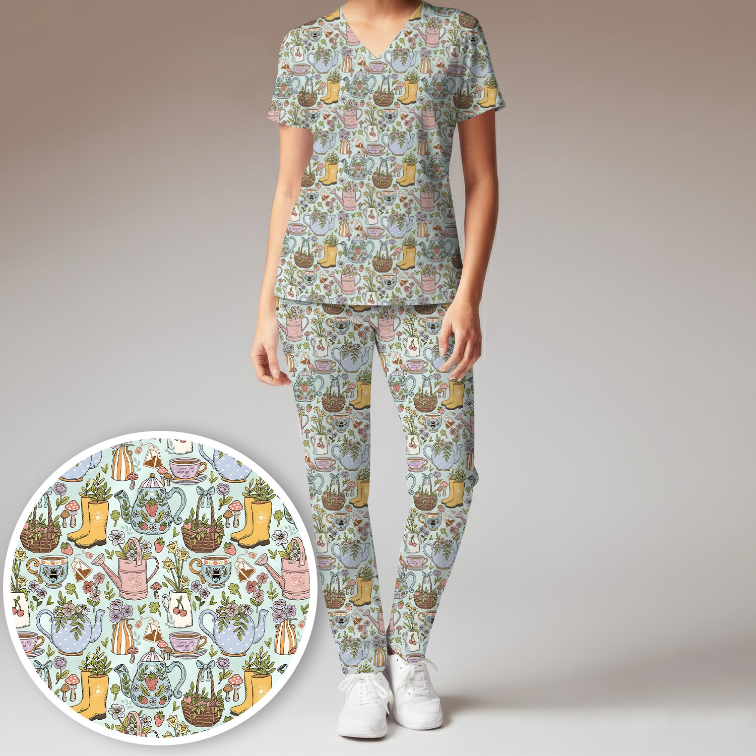 Garden Tea Party Floral Print Scrub Set, Scrub Pants and V Neck Top