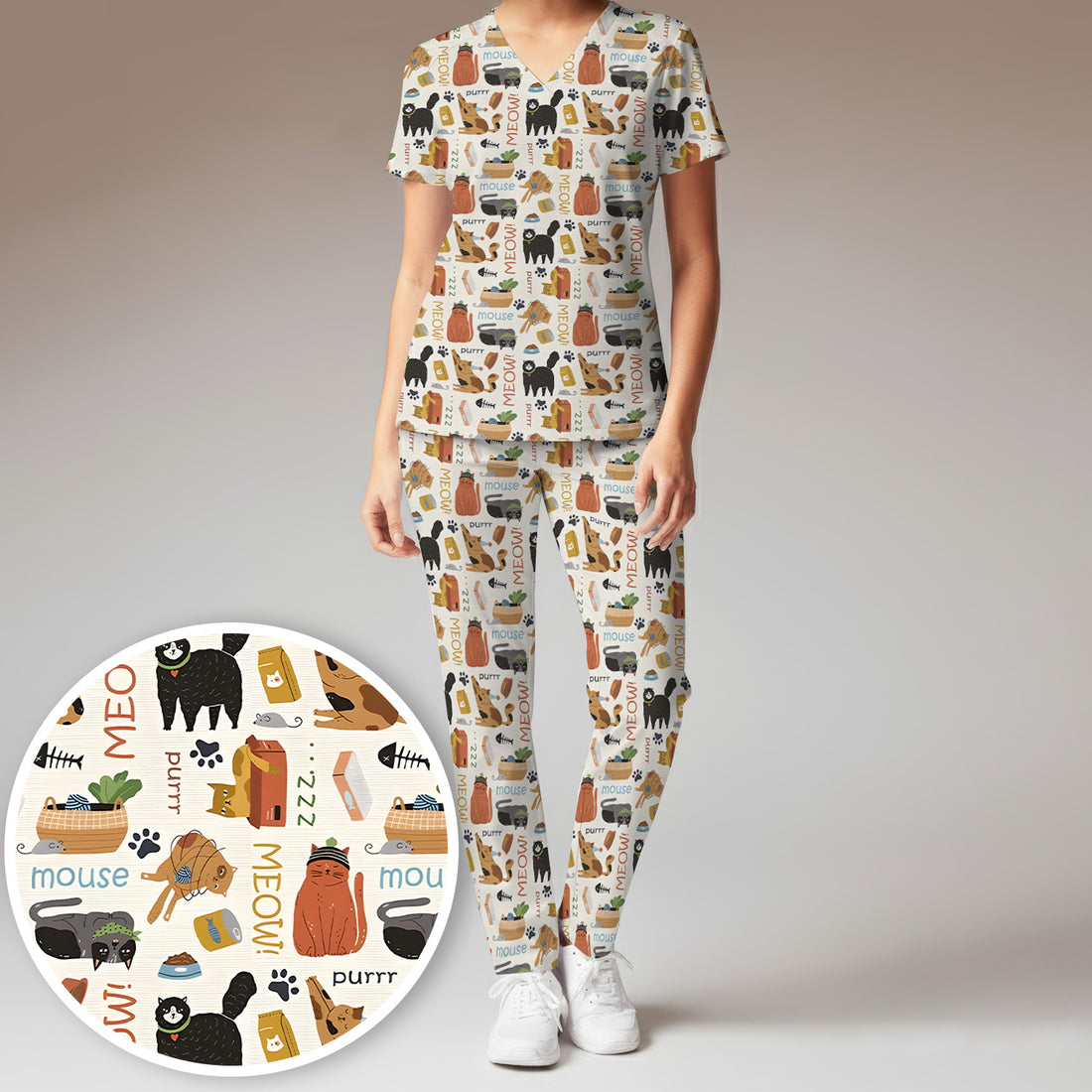 Meow Purr Cat Life Print Scrub Set, Women's Scrub Sets