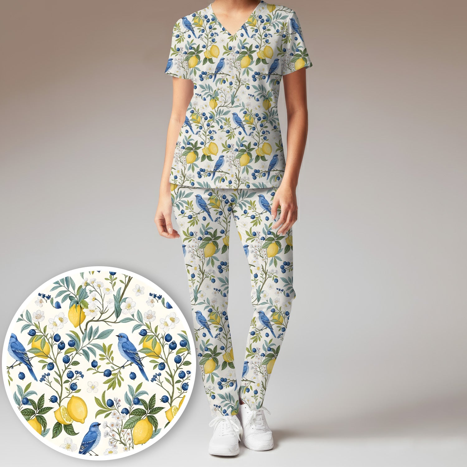 Cute Bluebird Lemon Berry Pattern Scrub Set, Scrub Pants and V Neck Top