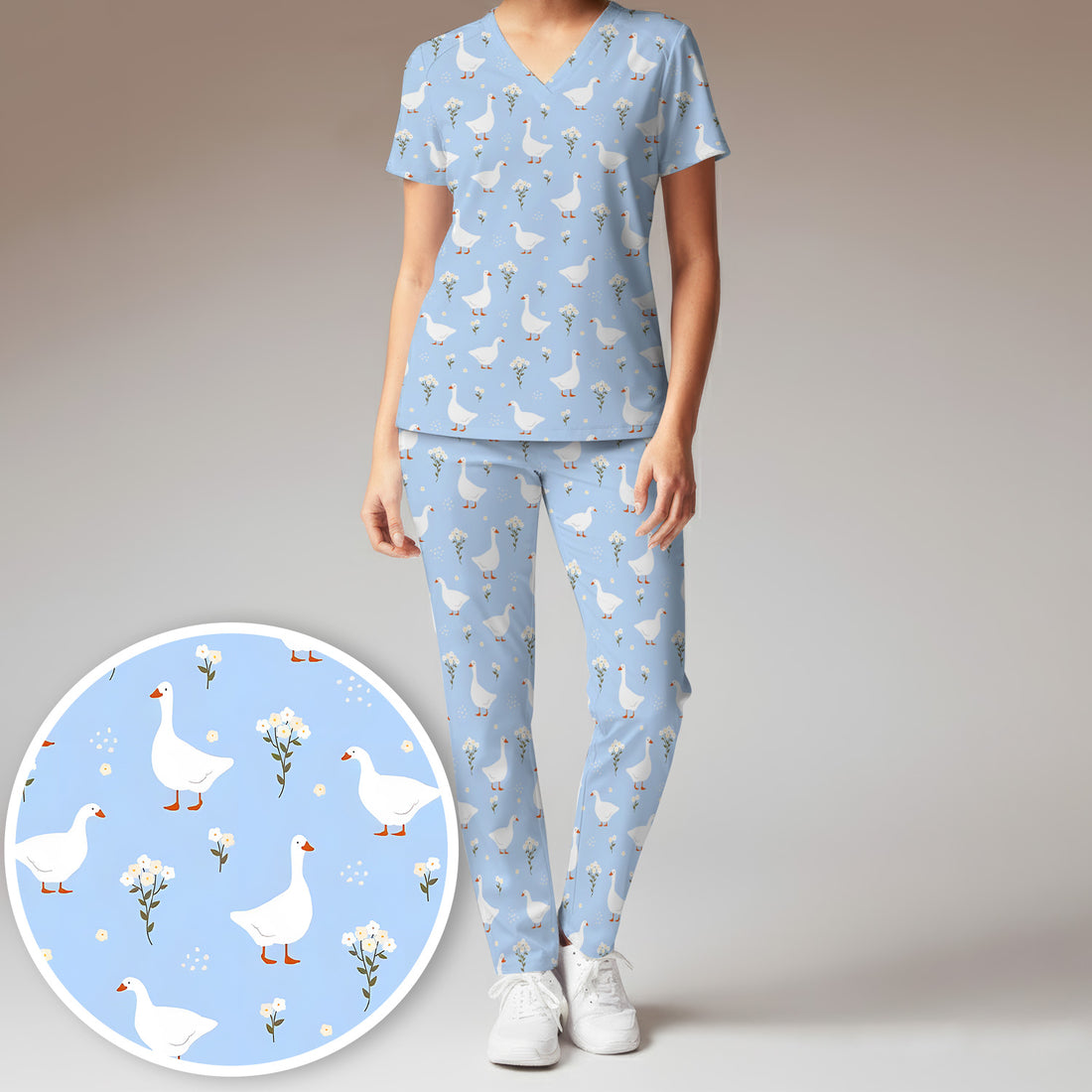 Blue Goose Floral Pattern Scrub Set, Scrub Pants and V Neck Top